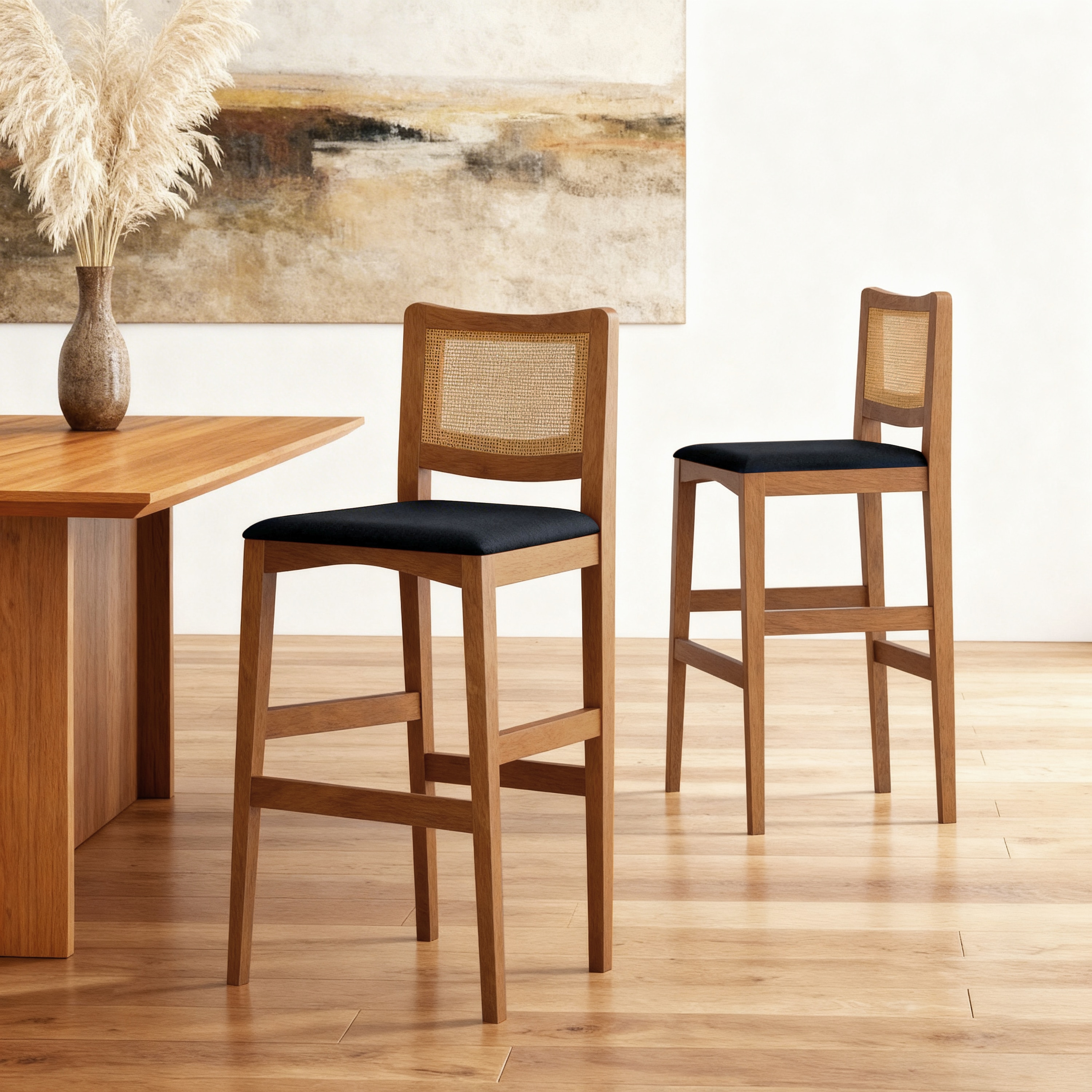 Weber Solid Wood Bar Stool (Amber Walnut Finish, Deep Blue Colour)