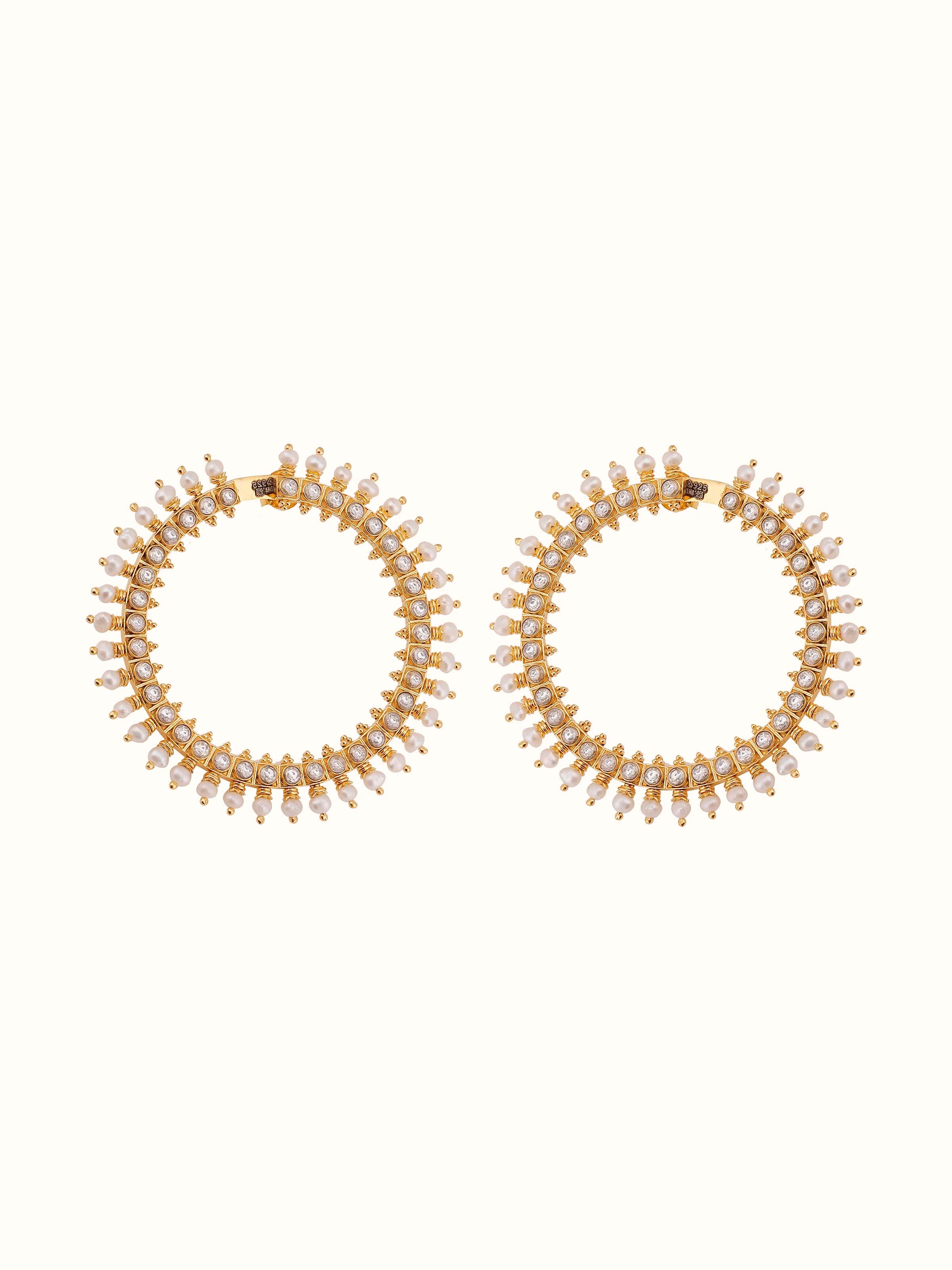 Front view of Guttapusalu Silver Hoop Earrings with ornate pearl drops in oxidised finish.