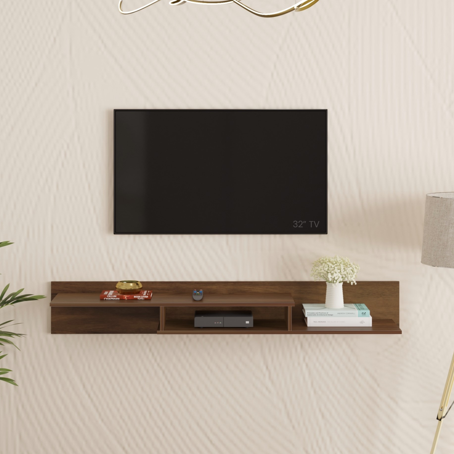 BLUEWUD Millie Engineering Wood Wall Mount TV Entertainment Unit Set Top Box Stand/TV Cabinet Panel with Shelves for Books & Decor Display Unit Bed Living Room Upto 50 Inches (Brown Maple)