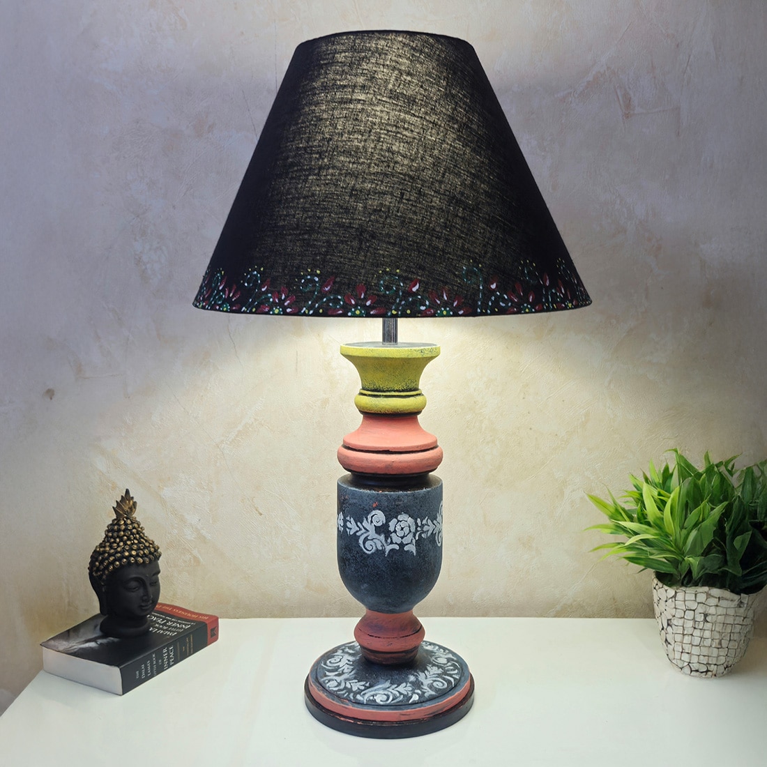 Pillar Antique Black Pink Stone Wooden Table Lamp in Multicolor