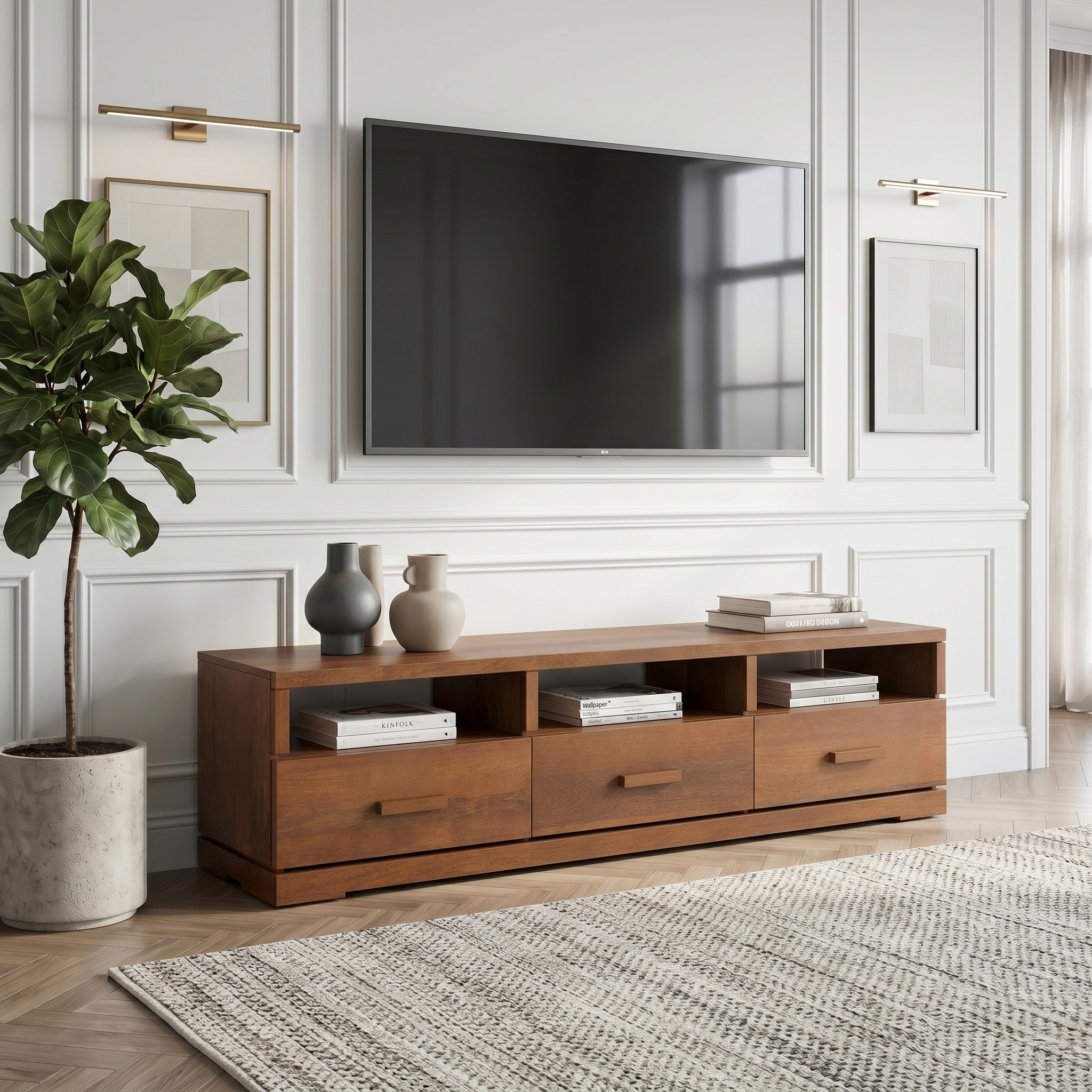 Carmond Solid Wood TV Unit Amber Walnut Finish