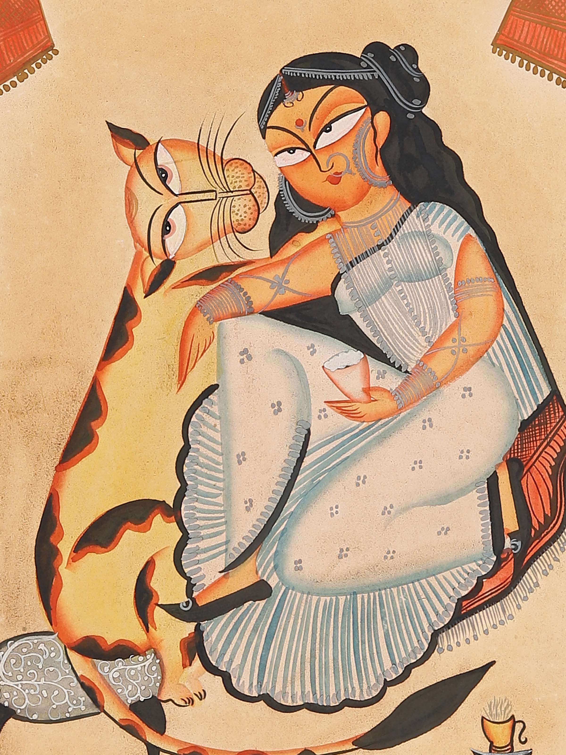 Detail close-up of animal love Kalighat painting showing brushwork