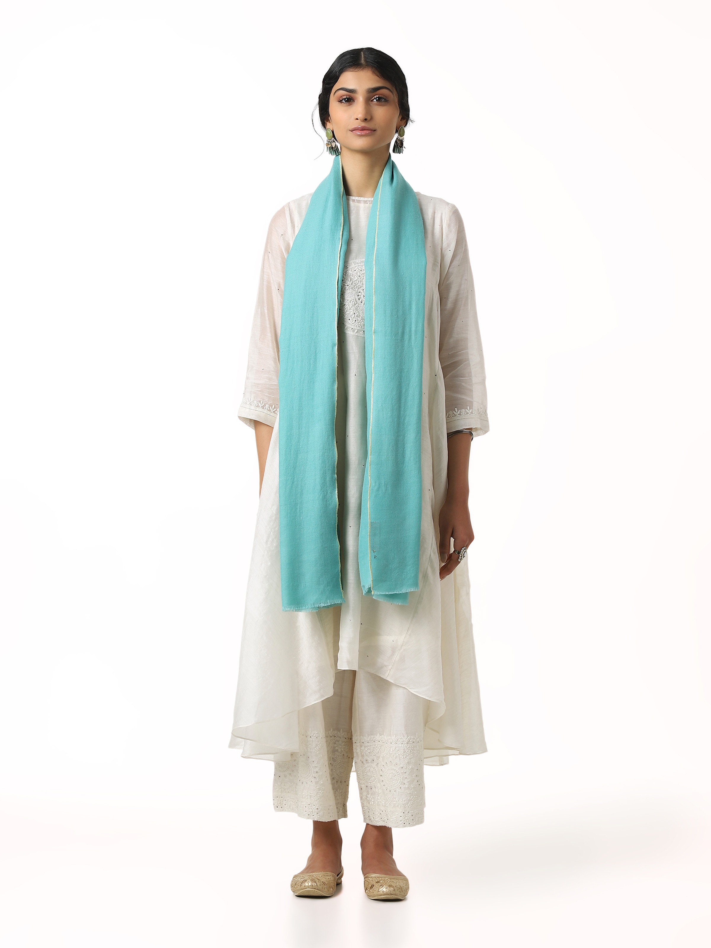 Teal Cashmere Kaaj Embroidered Handwoven Stole