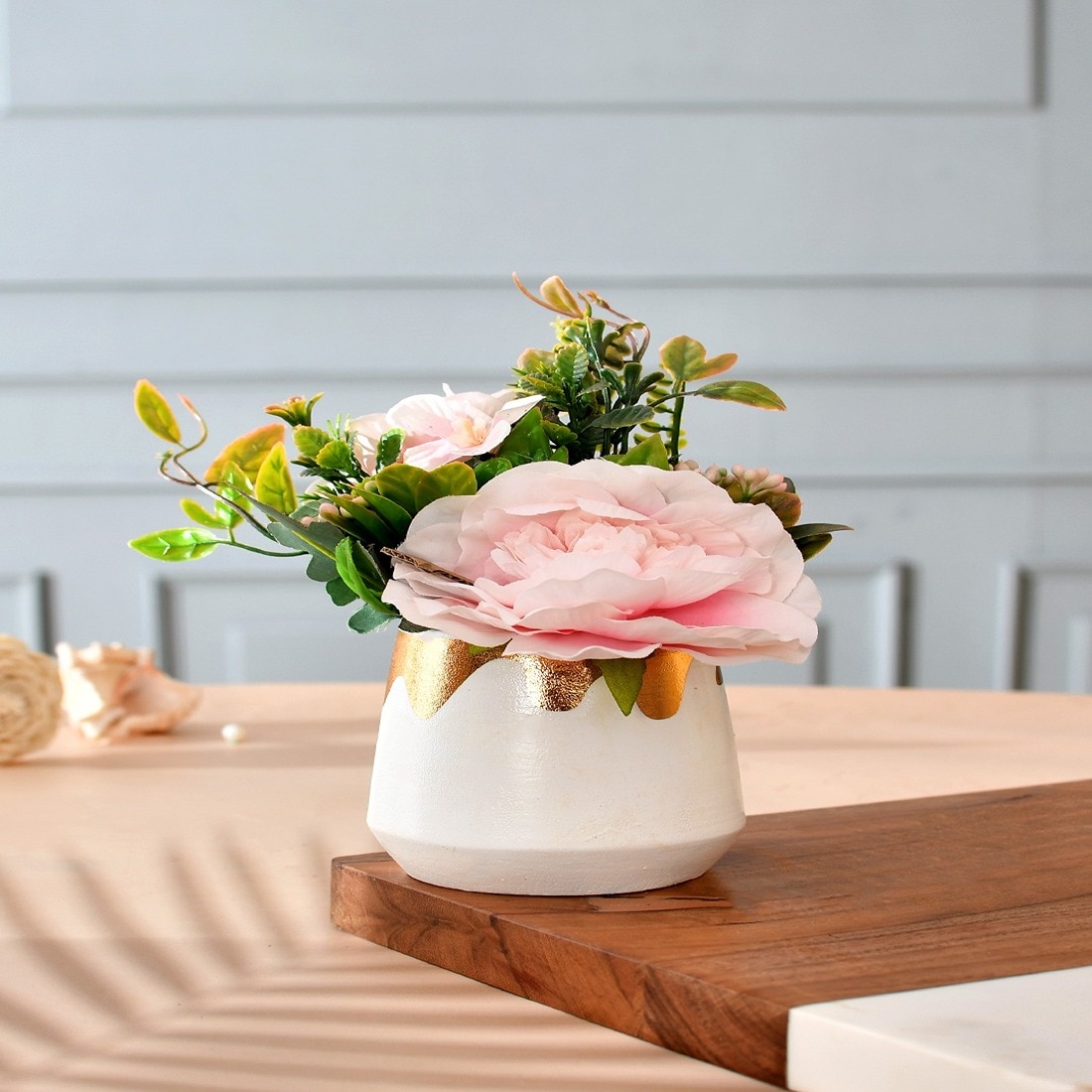 Artificial Pink Floral Arrangement With White Pot