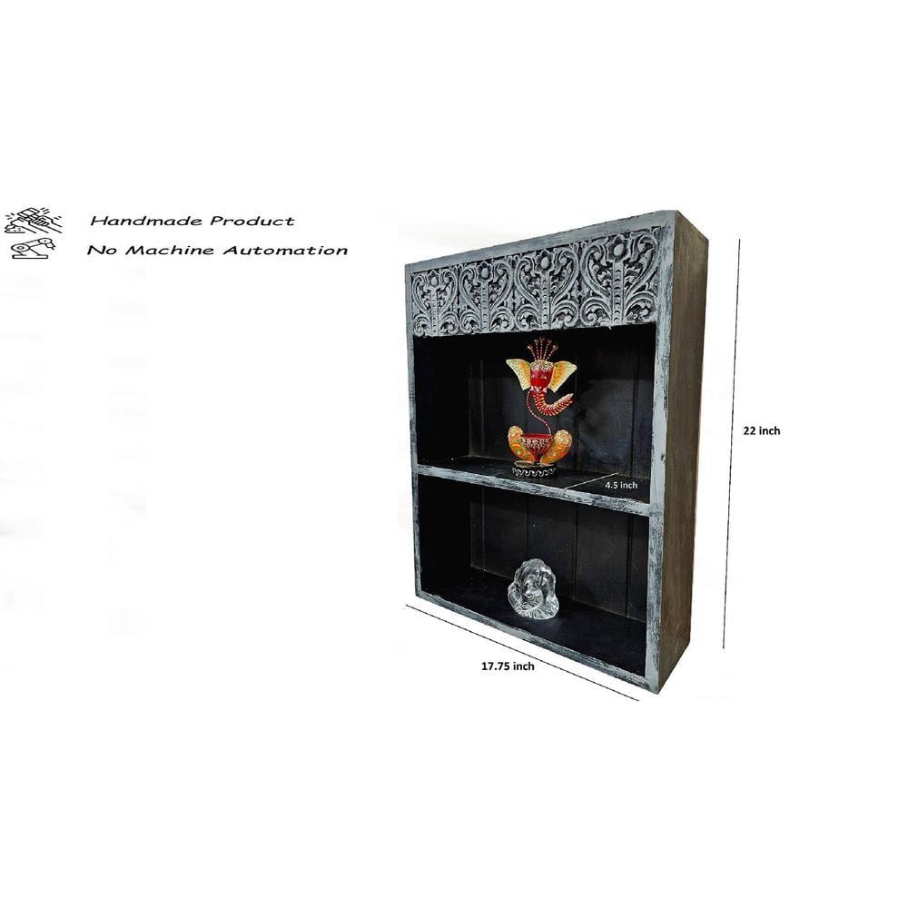 Sargasso Grey Colour Solid Wood Handcarved Box Style Floating Wall Shelf with compartment