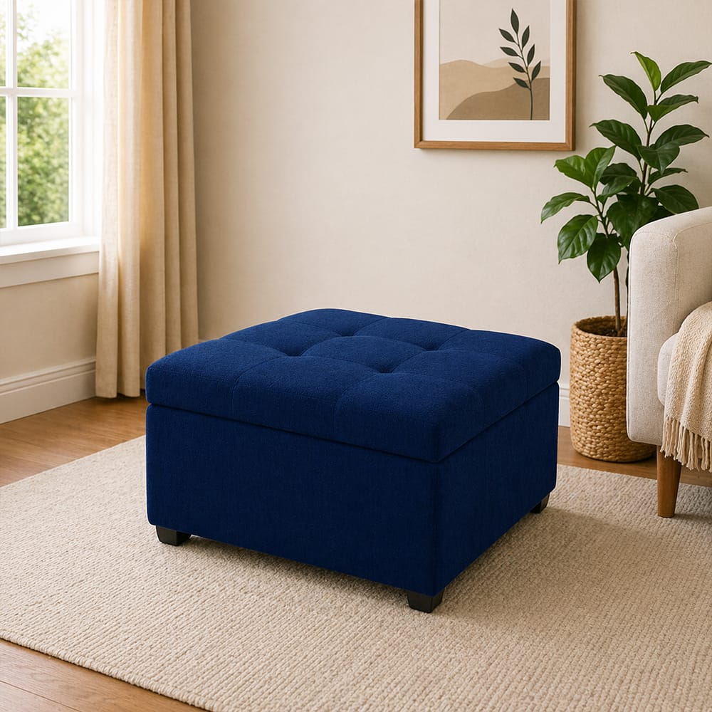 Doe Buck Tufted Storage Ottoman Bench in Mustard Blue Colour Fabric - Doe Buck