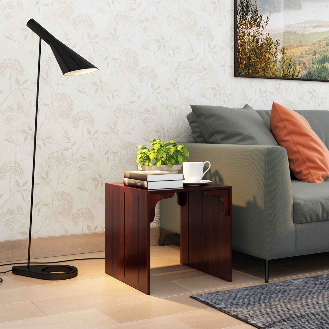 Taj Bedside Solid Wood Table in Teak Finish