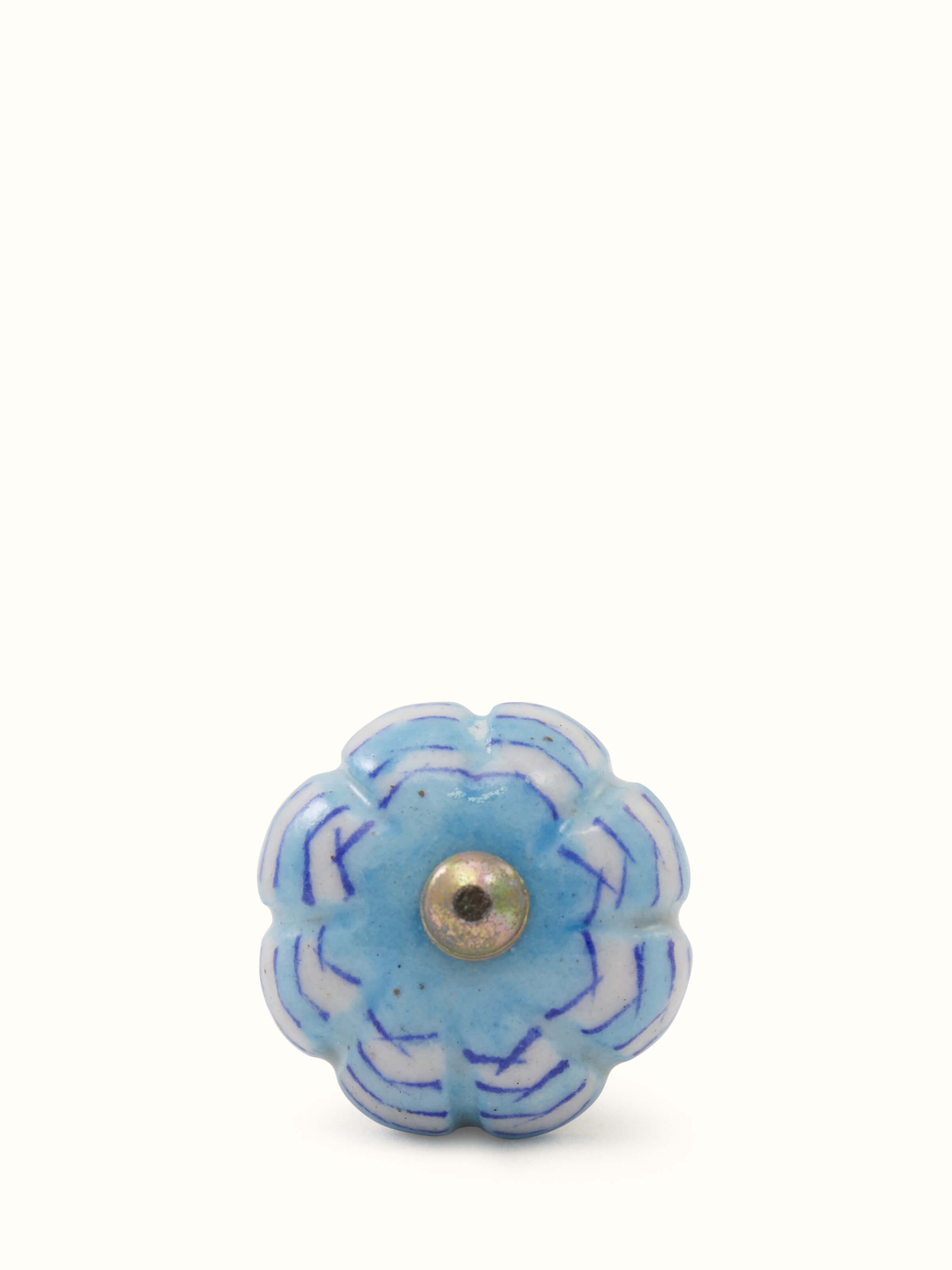Blue pottery round rib door knob set with metal fitting – detail shot