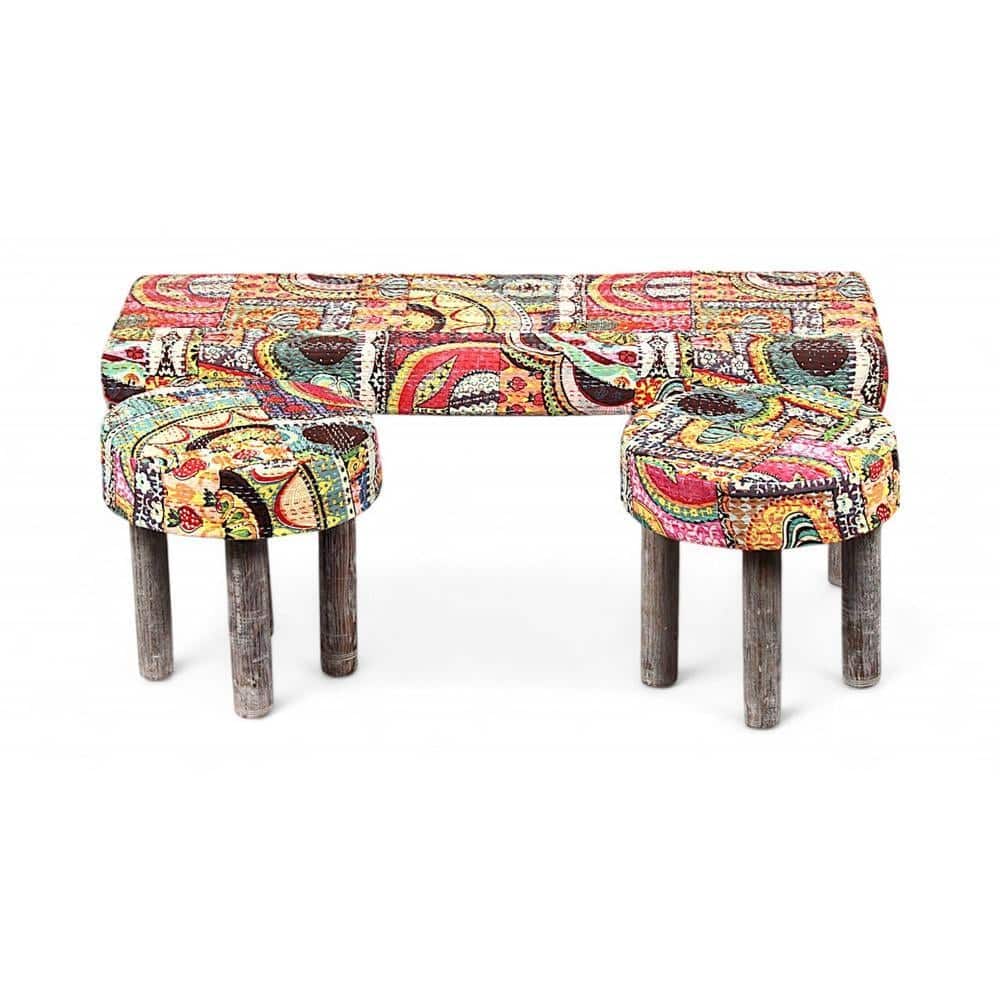 Asteria Solid Wood 2 Seater Bench Set With 2 Stools In Multi Colour Israel Print Kantha Fabric