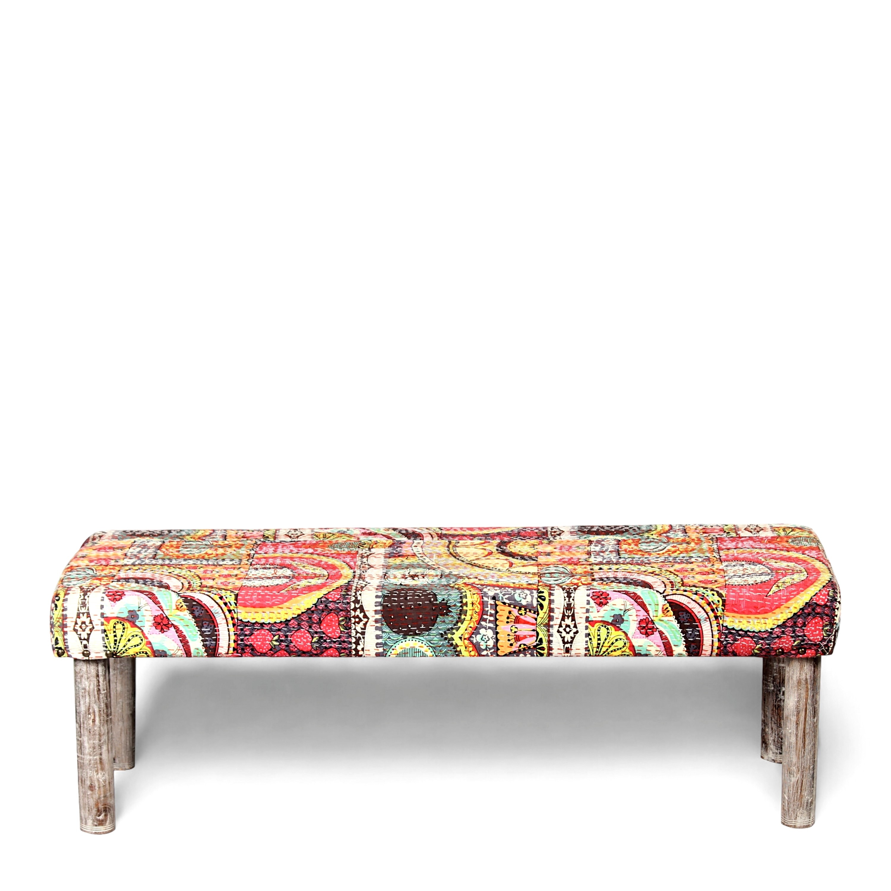 Asteria Solid Wood 2 Seater Bench Set With 2 Stools In Multi Colour Israel Print Kantha Fabric
