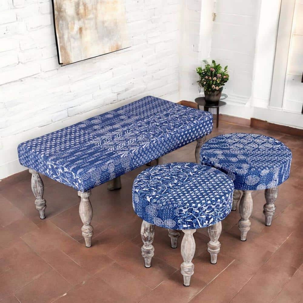 Bestone Sheesham Wood Mid Century Seater Bench Set  2 Stools In Indigo Patchwork Kantha