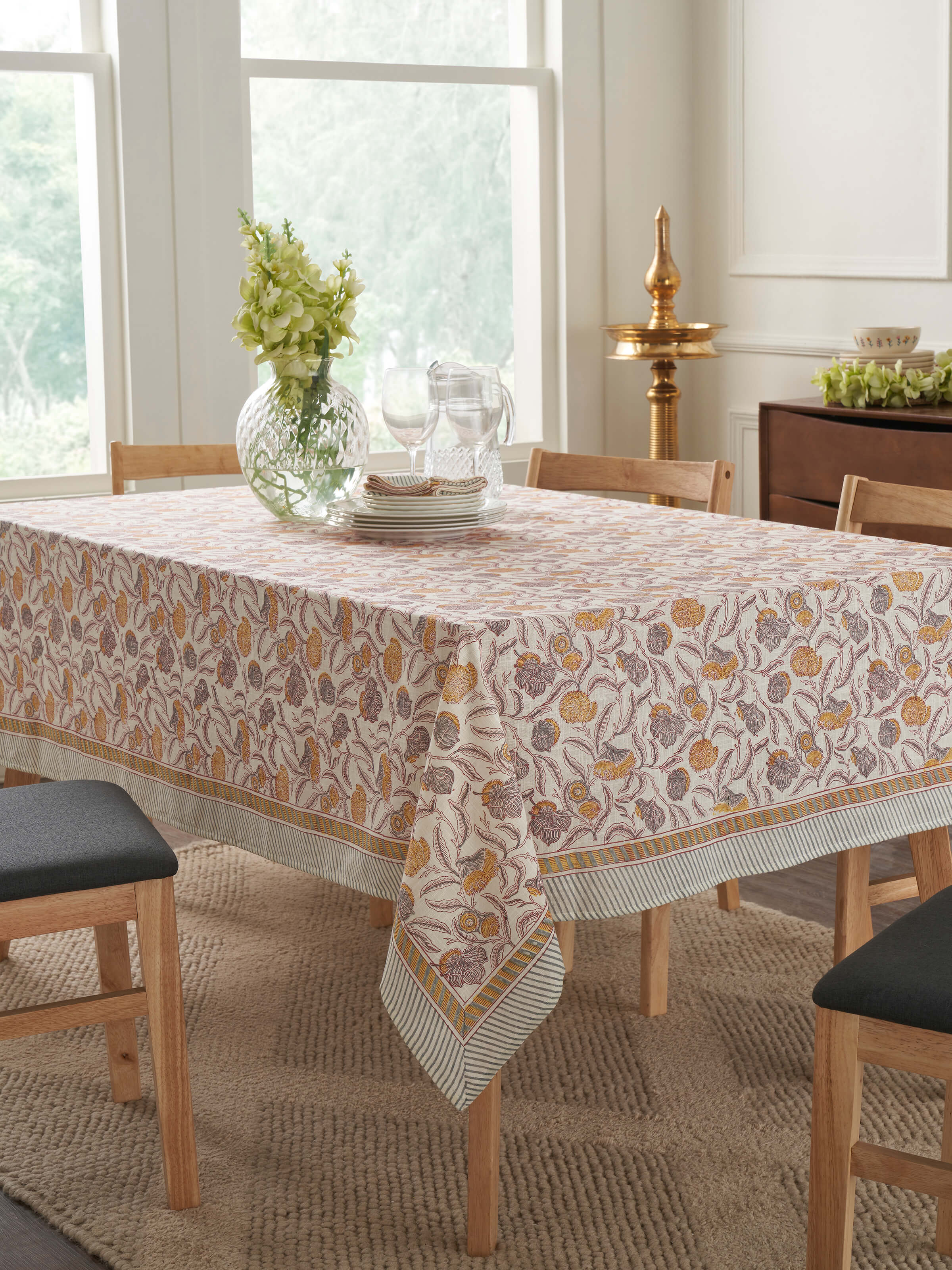 Samaha Grey Floral Cotton Sanganeri Hand Block Printed Table Cover 8 Seater