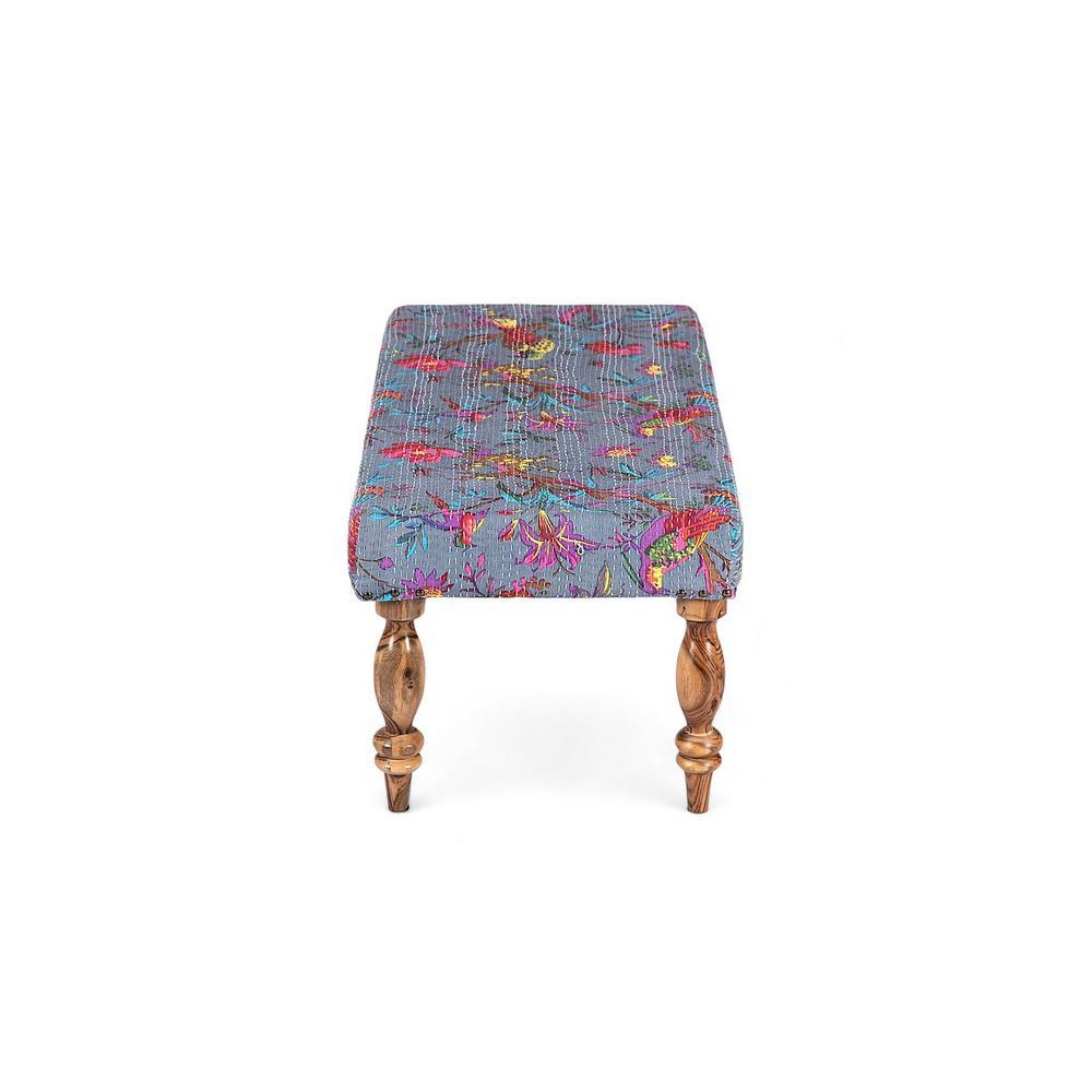 Bestone Solid Wood Bench In Bird Print Grey Kantha Fabric