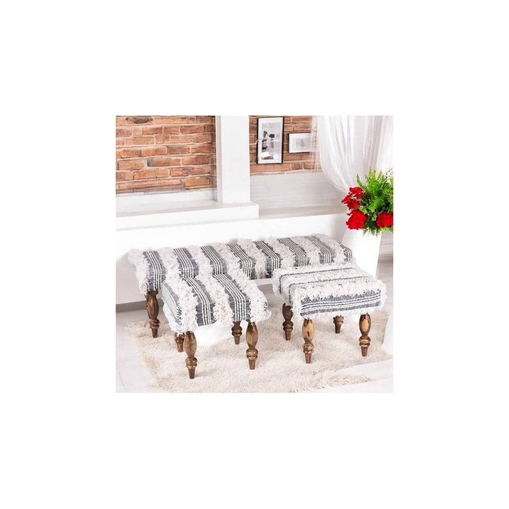 Cairo Sheesham Wood Accent Seater Bench Set With 2 Stools In Grey Fabric