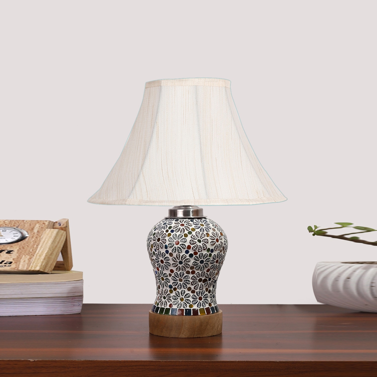 Devansh Off-White Cotton Shade Lamp With Wood & Mosaic Glass Base For Decoration/Office/Home/Gifting/Study For Decoration/Office/Home/Gifting/Study