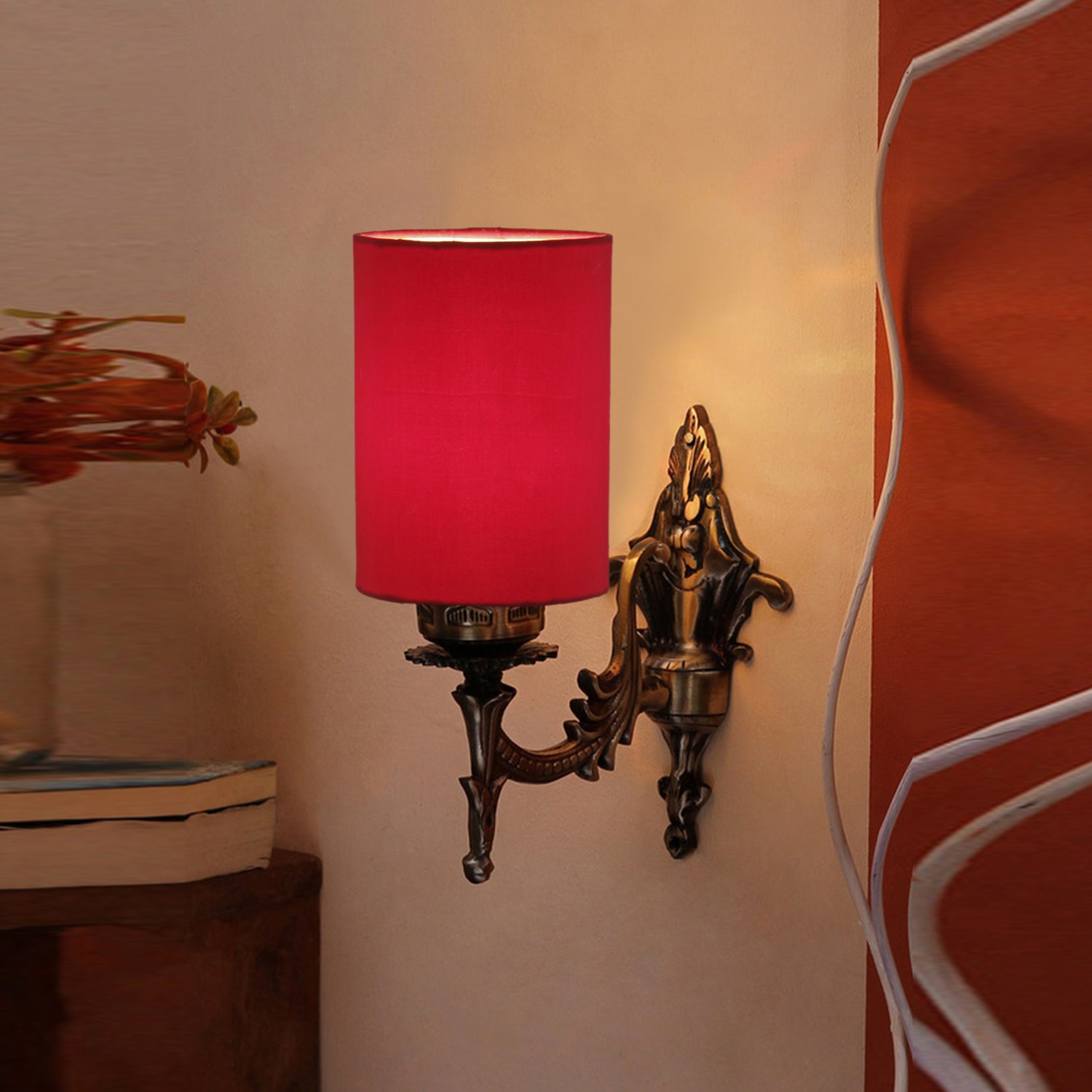 Devansh Metal Electric Wall Light in Antique Gold Colour with Red Shade Count of 1 Light - Devansh
