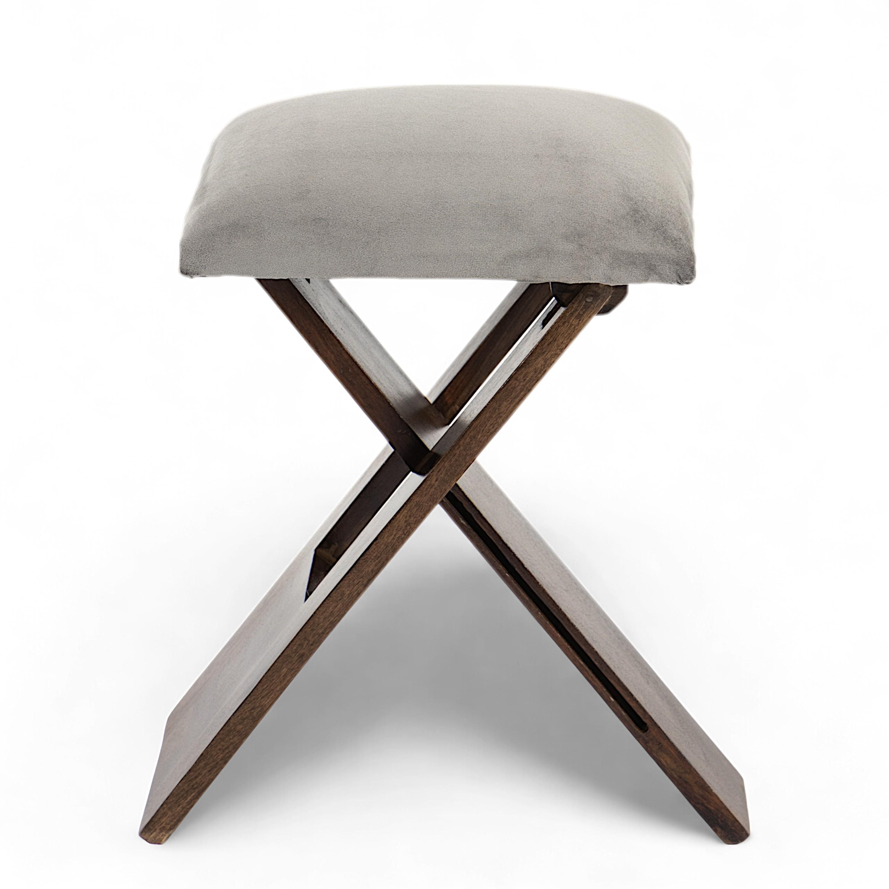 Dayton Sheesham Wood Accent Square Set of 2   Stools in Grey Cotton Velvet Upholstery