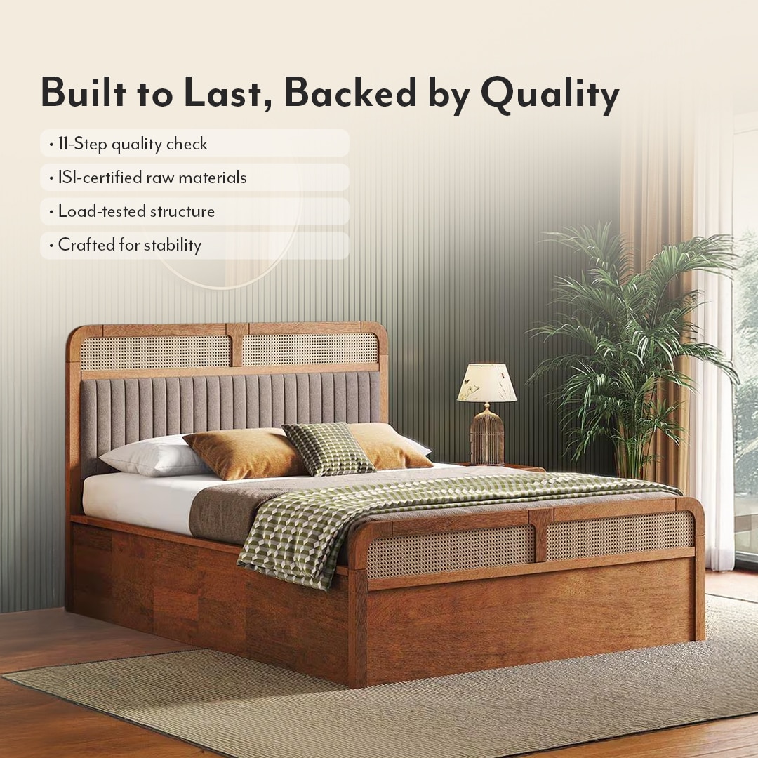 Hanoi Solid Wood Cane Queen Size Hydraulic Storage Bed In Amber Walnut Finish with Shitake Beige Colour