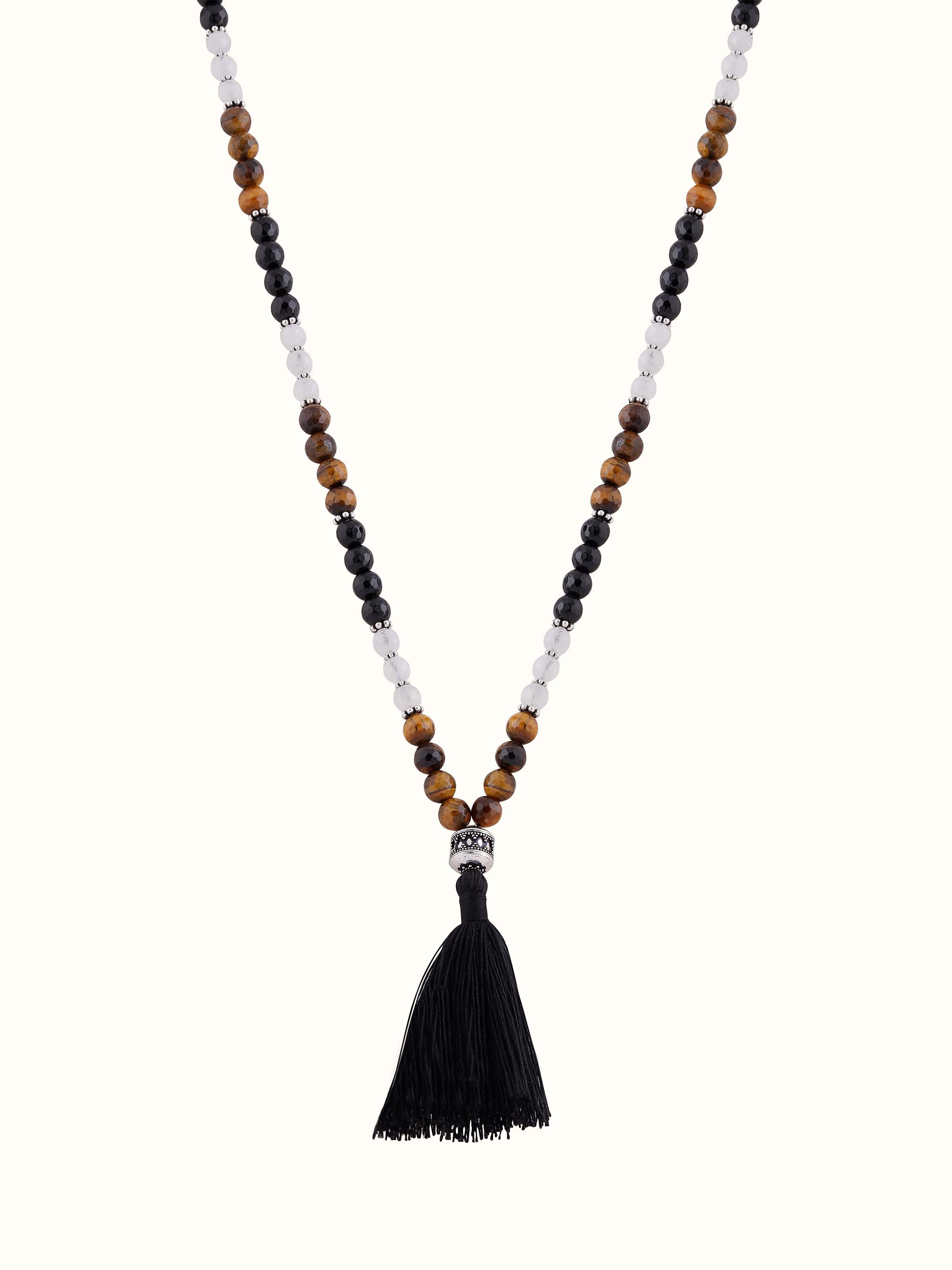 Front view of silver mala with Black Onyx, Tiger Eye, and White Moonstone beads for balance and strength