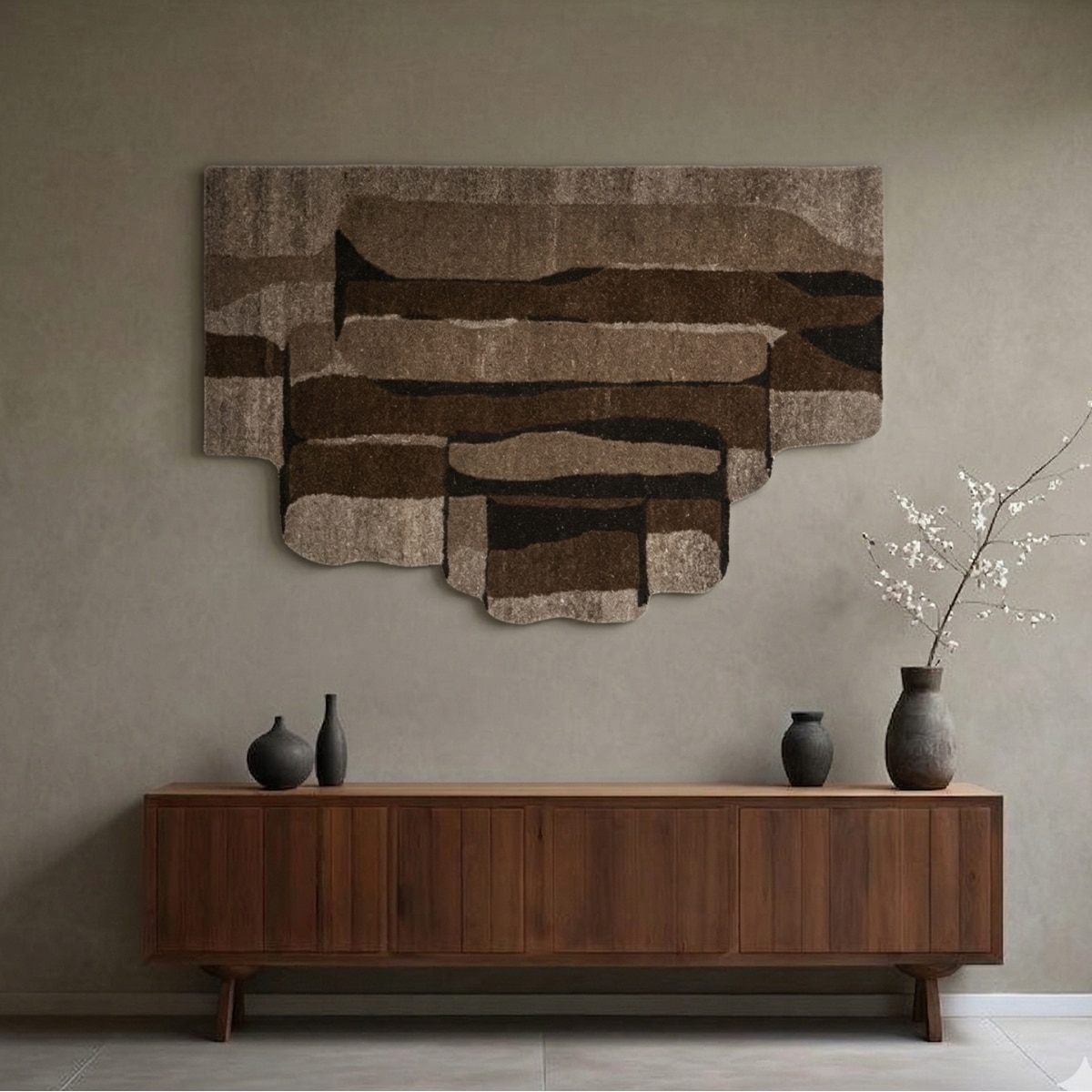 Abstract Handmade Natural Wool Wall Art Beige Brown Layered 4 x 2 Feet - NEU LOOMS