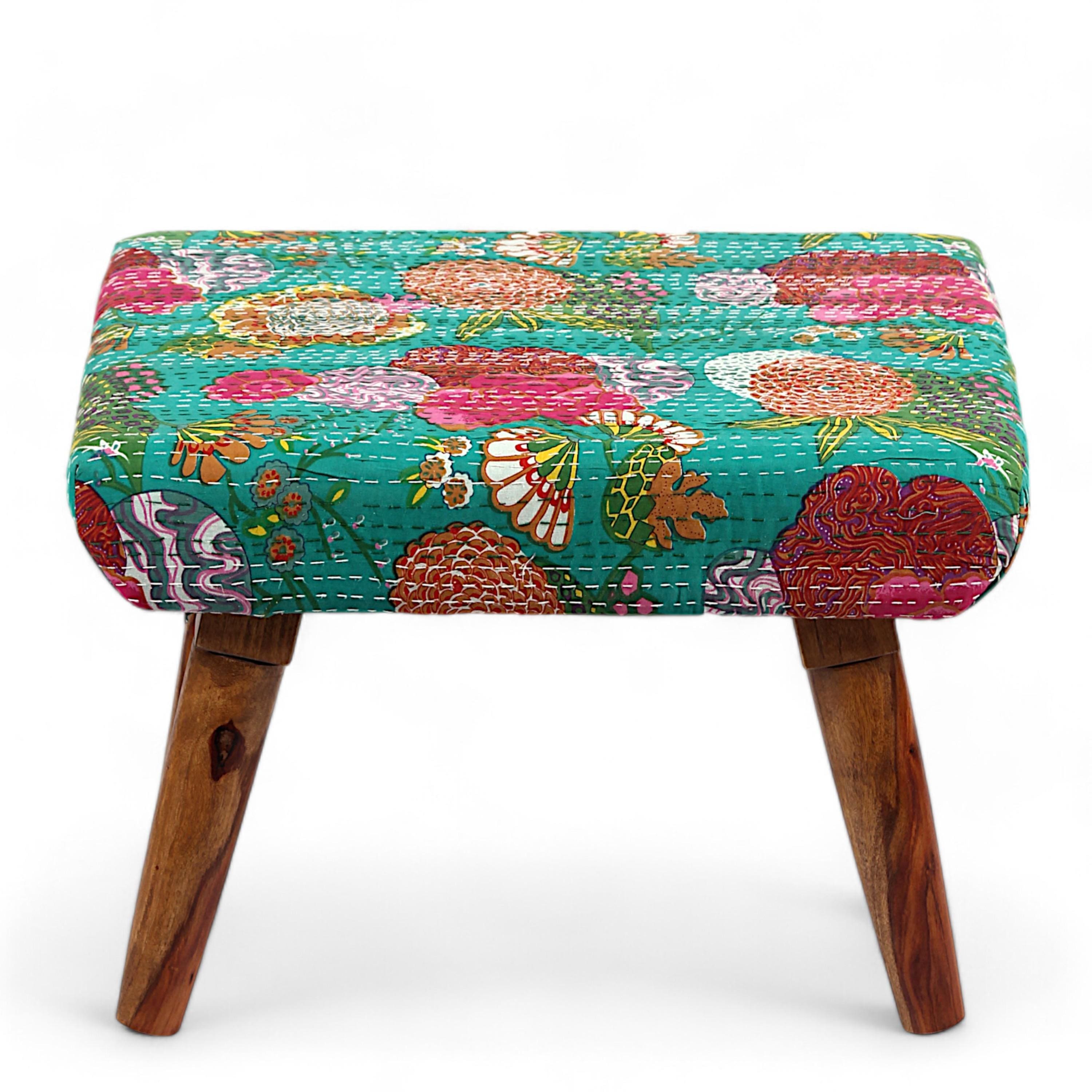 Queens Solid Wood Pouf Stool in Sea Green Fruit Print fabric
