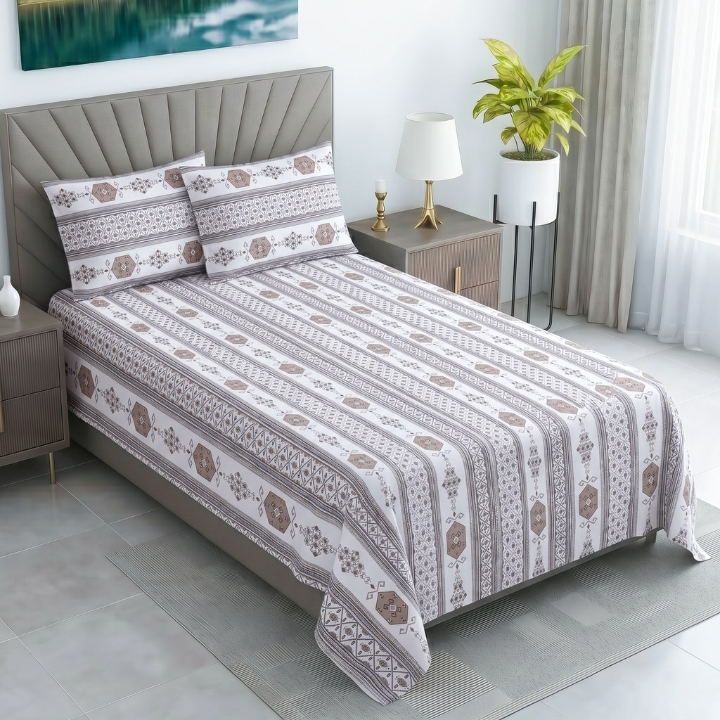 White And Coffee Shade Foral400 Tc Cotton  Flat Single Bed Size Bedsheet With 2 Pillow Covers - Threads