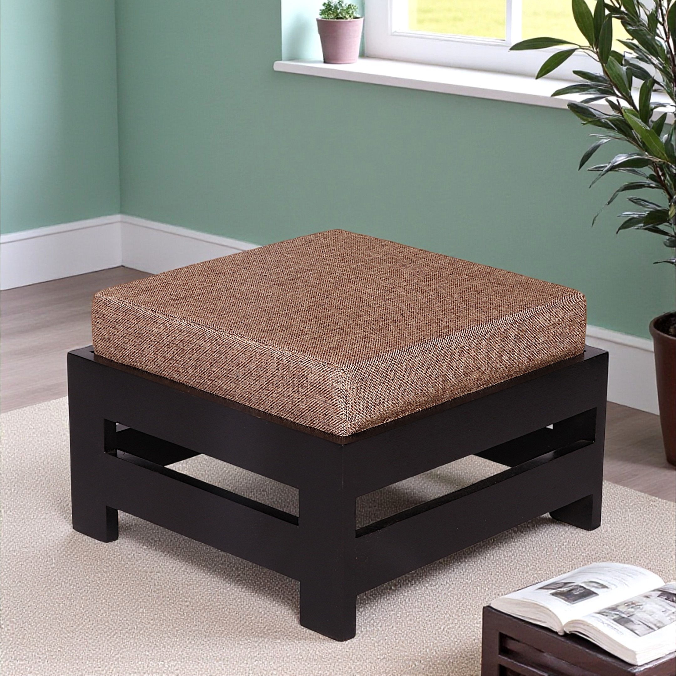 Kumkum Sheesham Wood Foot Stool in Dark Walnut Finish with Jute Beige Cushion
