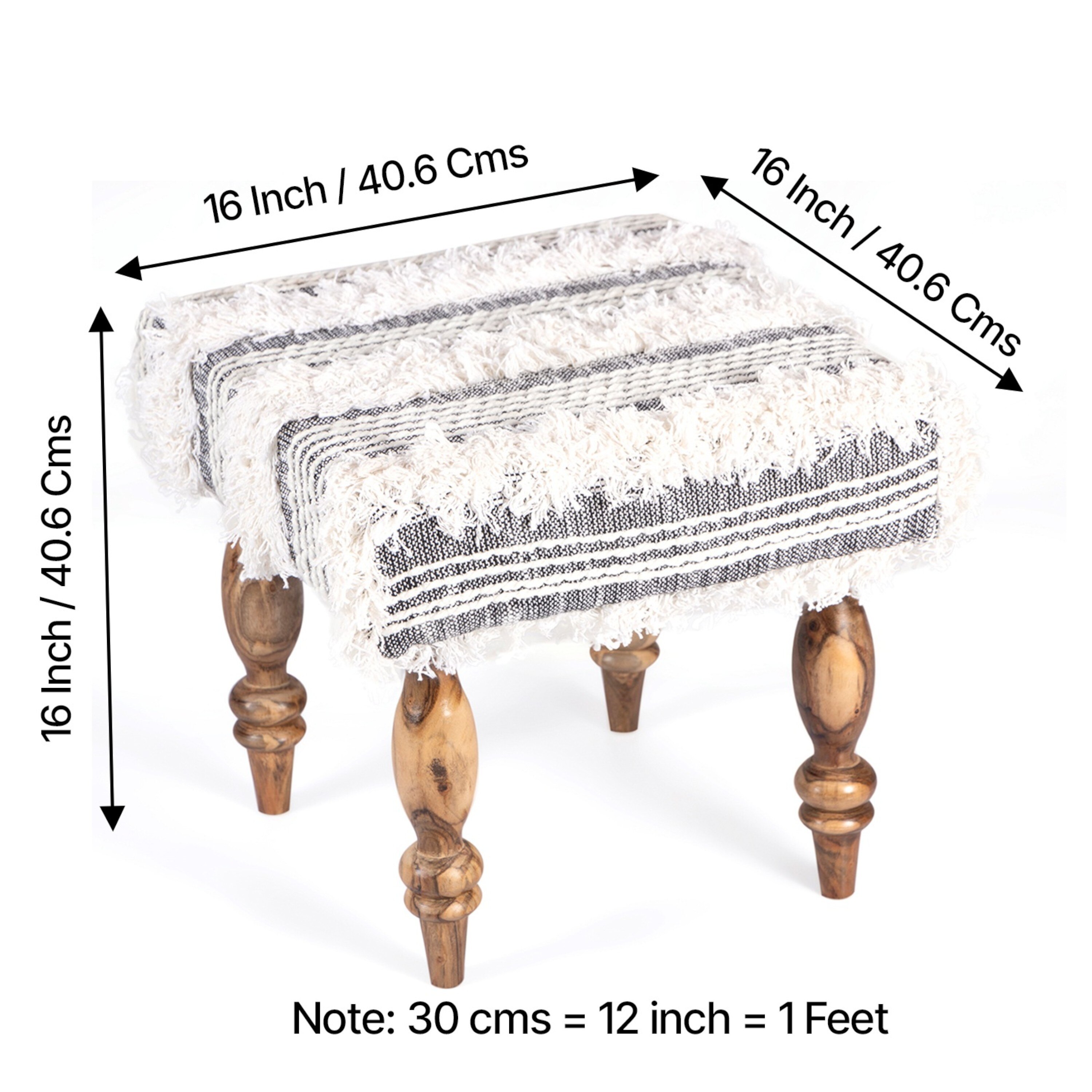 Lisbone Sheesham Wood Mid Century Square Set of 2 Stools in Grey Fabric   Fringes Upholstery