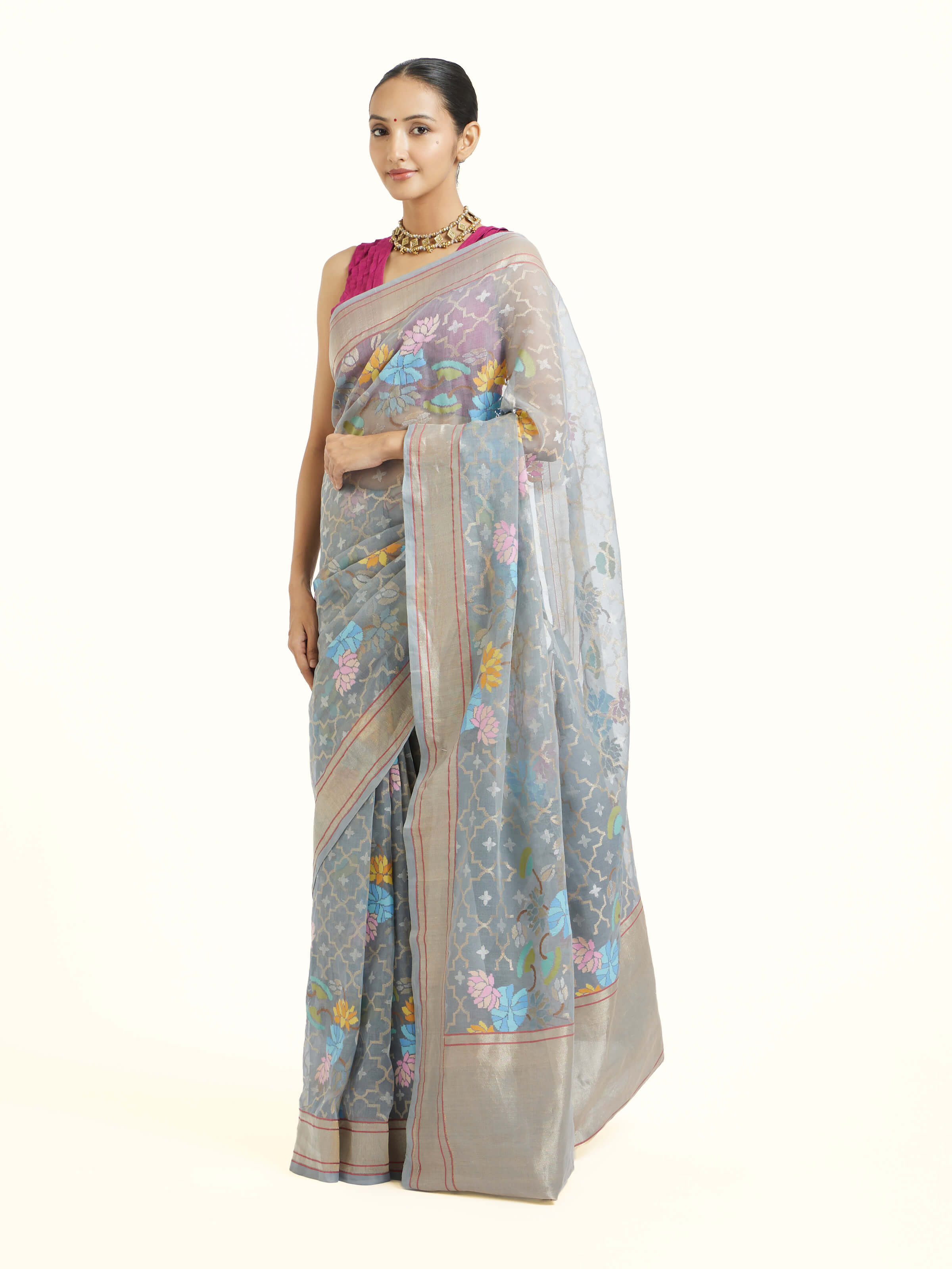 Grey Cotton Awadh Jamdani Banarasi Saree