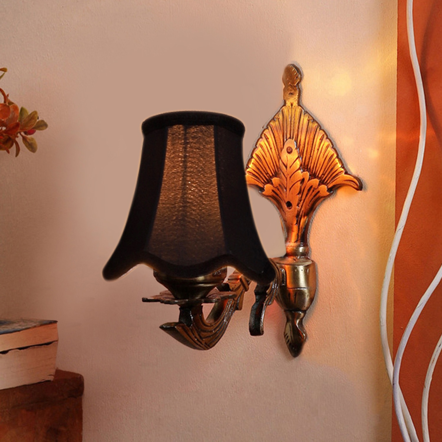 Devansh Gold Antique Wall Mounted Lamp With Black  Cotton Shade