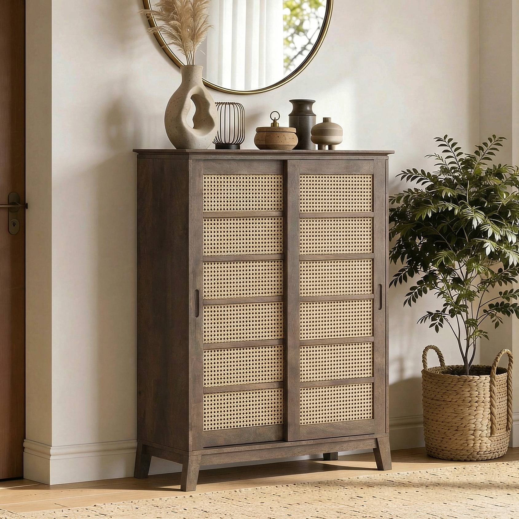 Fujiwara 24 Pair Solid Wood and Cane Shoe Cabinet In Danish Walnut Finish