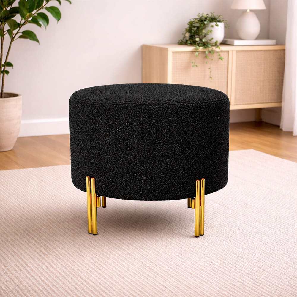 Doe Buck Premium Boucle Round Ottoman in Matte Black Colour with Polished Gold Legs - Doe Buck