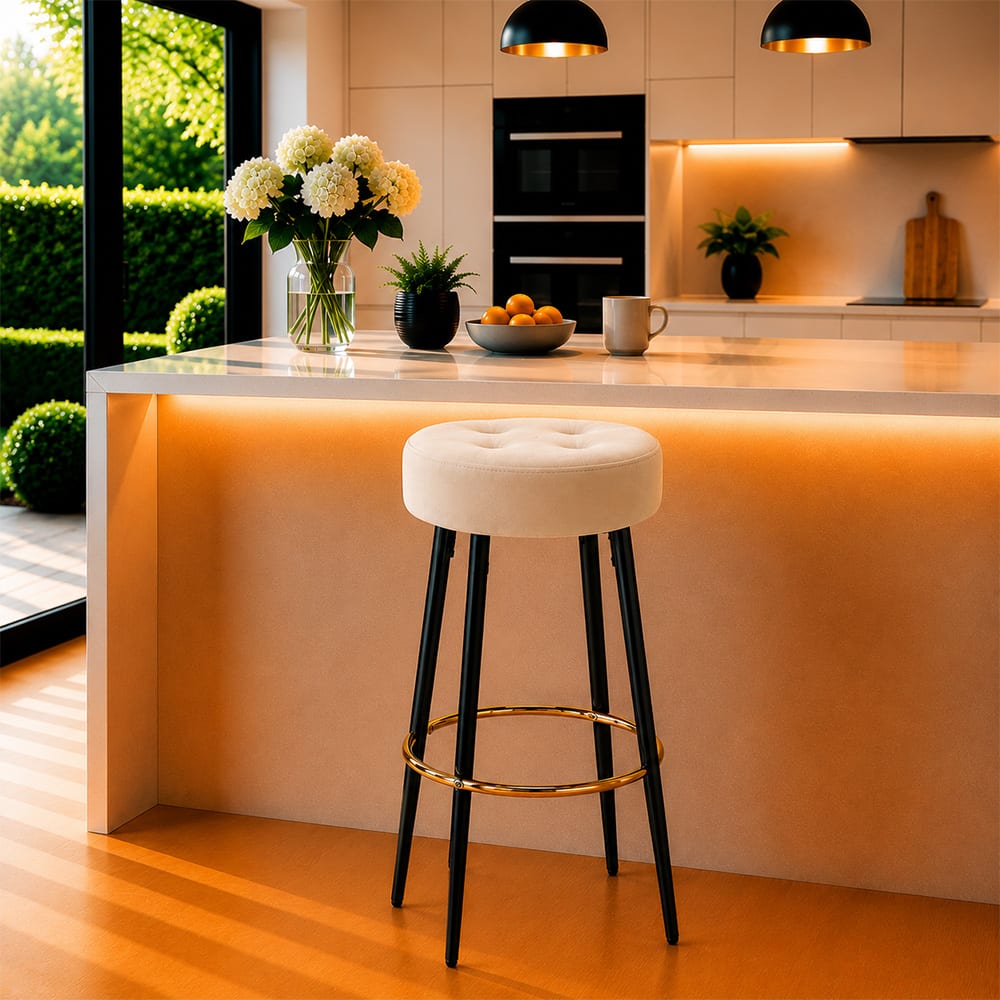 Doe Buck Tufted Counter Height Bar Stool in Beige Colour with Gold Footrest - Doe Buck