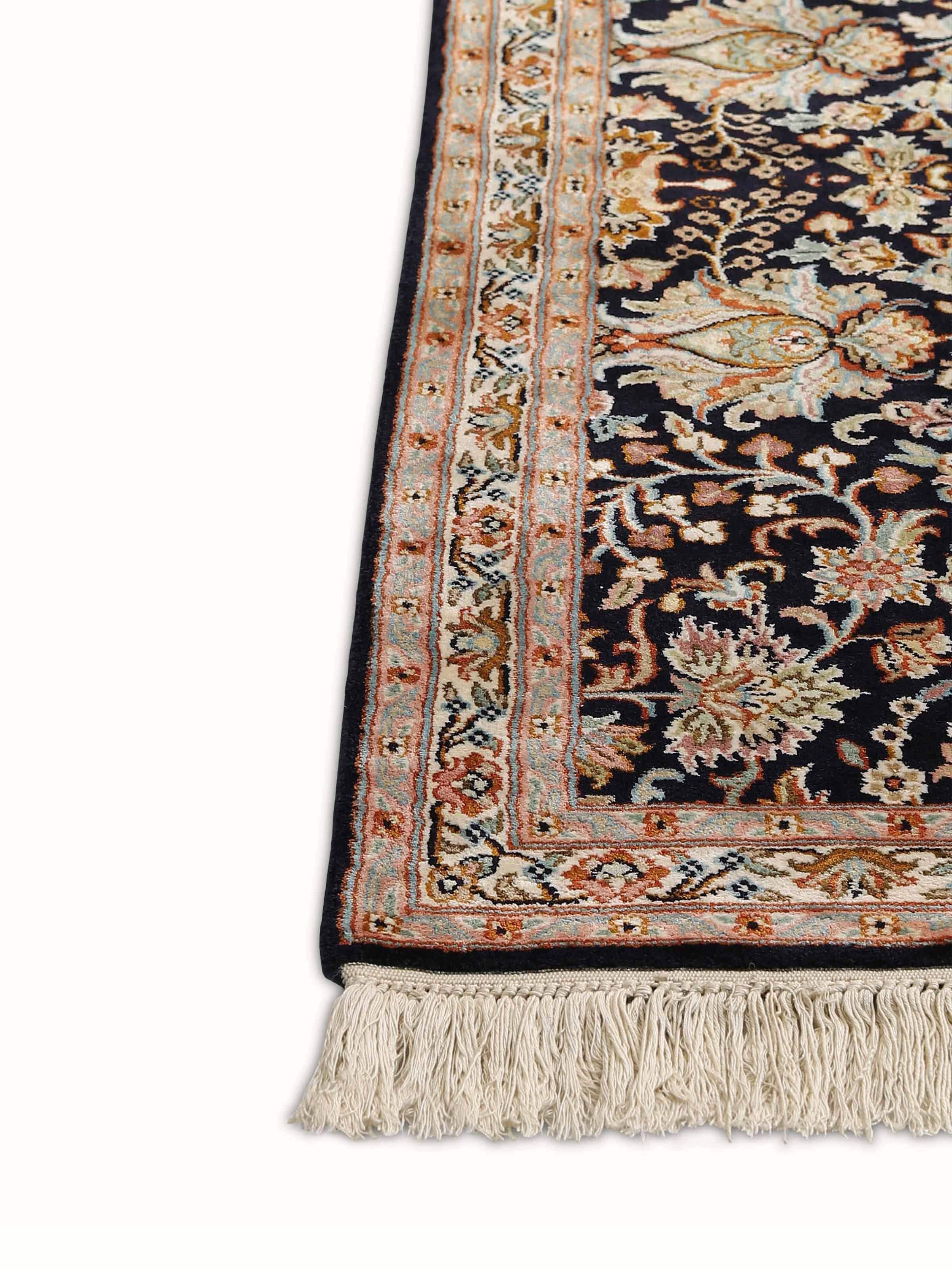 Traditional Persian Navy Blue Shah Abbasi Kashmir Silk Hand-knotted Rug