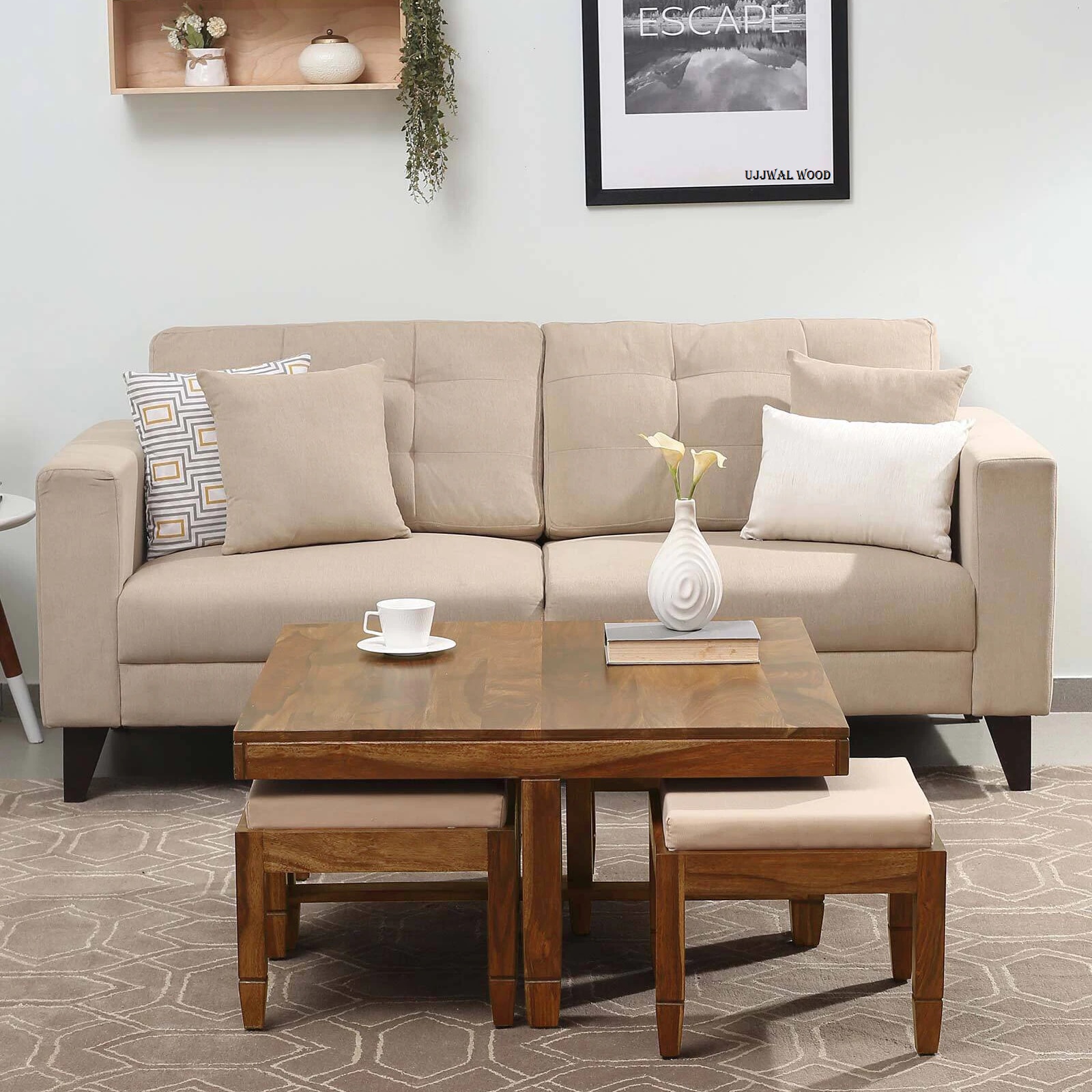 Sheesham Wood Coffee Table Set in Scratch Resistant Rustic Teak Finish With Cushioned Stools - Ujjwal Wood