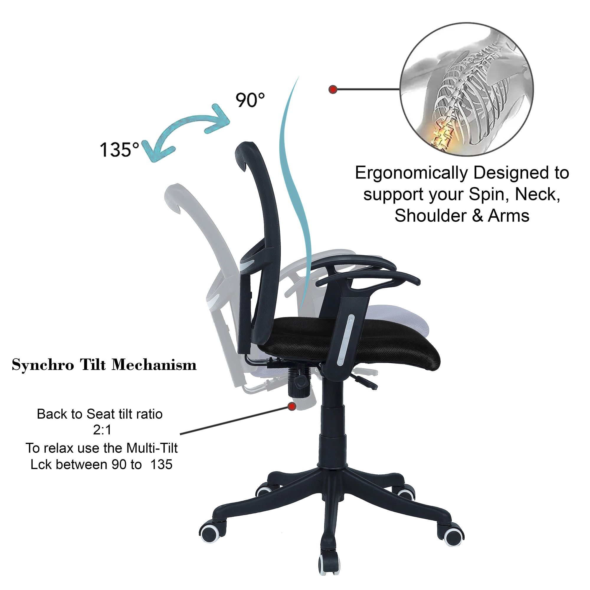 Eexcaeal Mid Back Ergonomic Chair in Black Colour