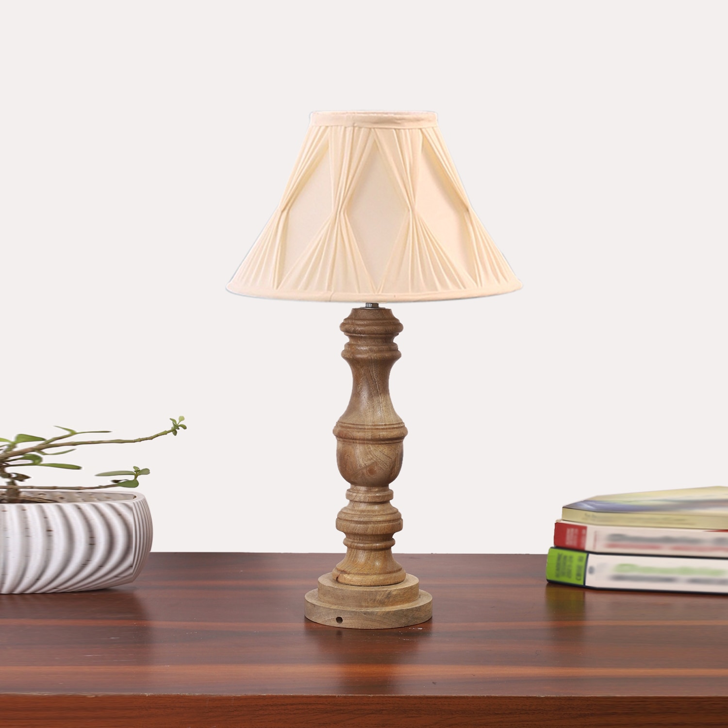 Devansh Off-White Cotton Vintage Curtain Pleated   Lamp With Wood Base (12X19) - Devansh