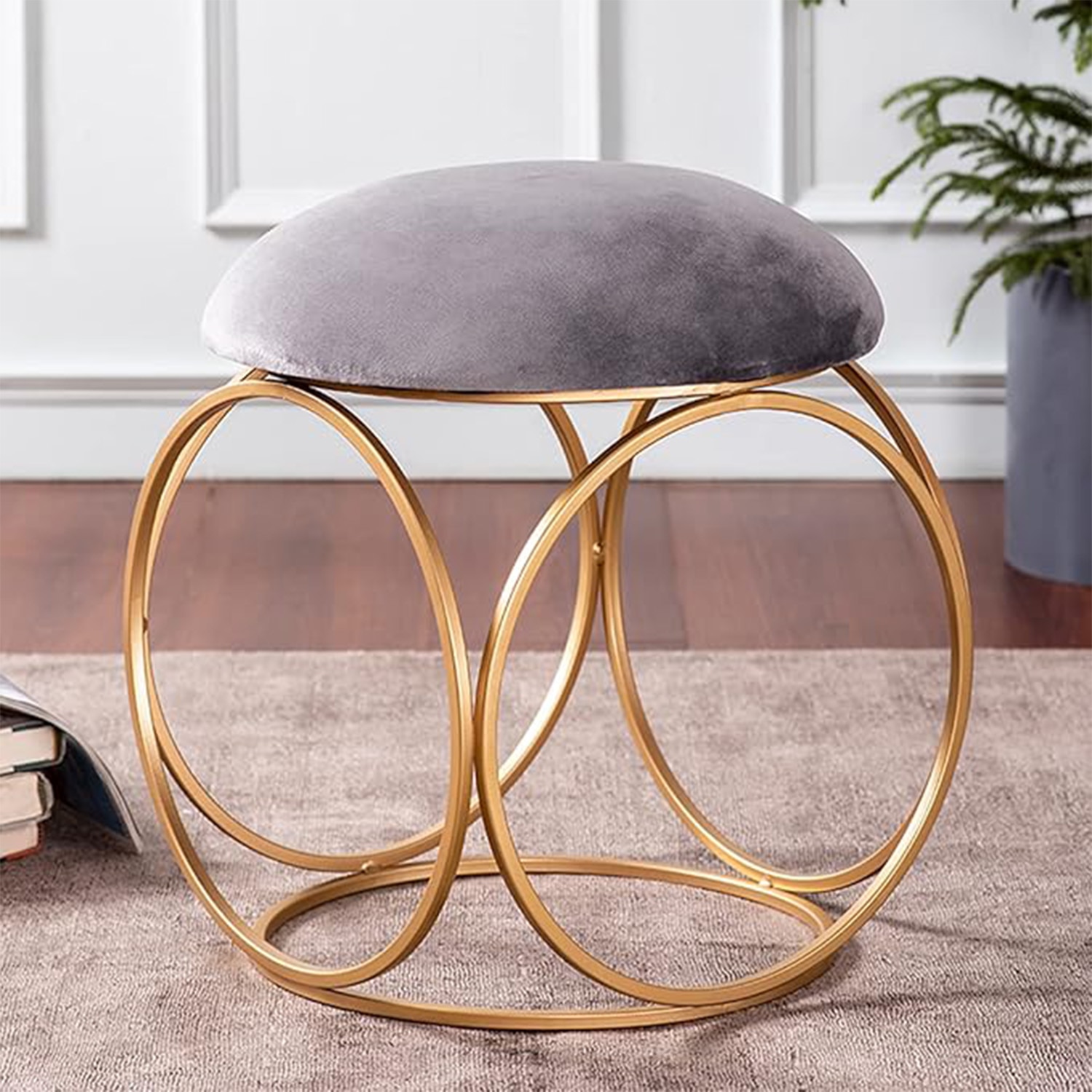 Classic Velvet Ring Metallic Stool in Grey Color