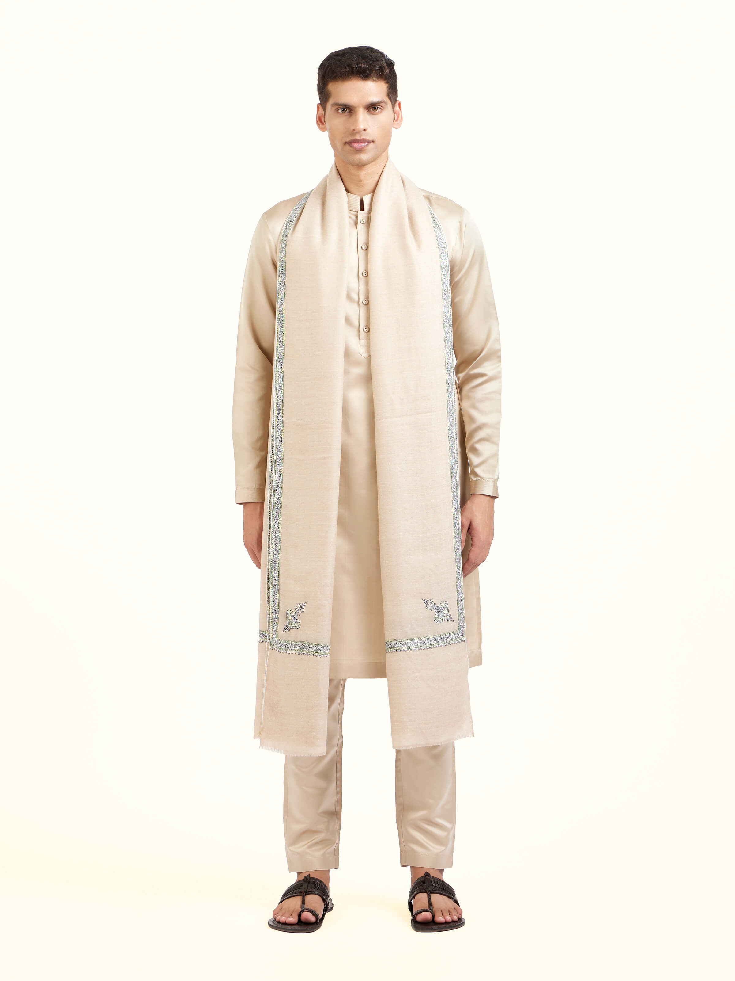 Beige Sozni Hand Embroidered Shawl