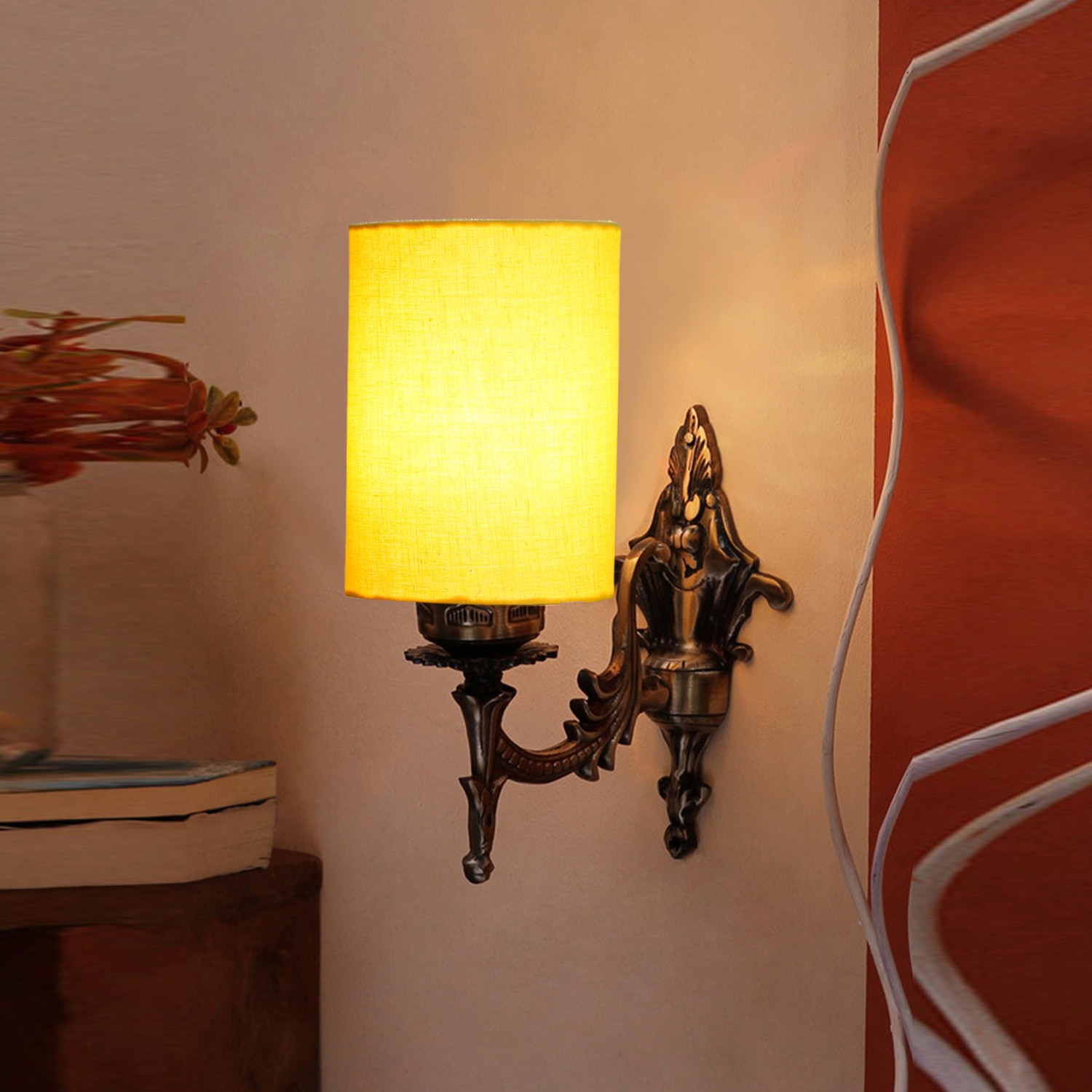 Devansh Metal Electric Wall Light in Antique Gold Colour with Yellow Shade Count of 1 Light - Devansh