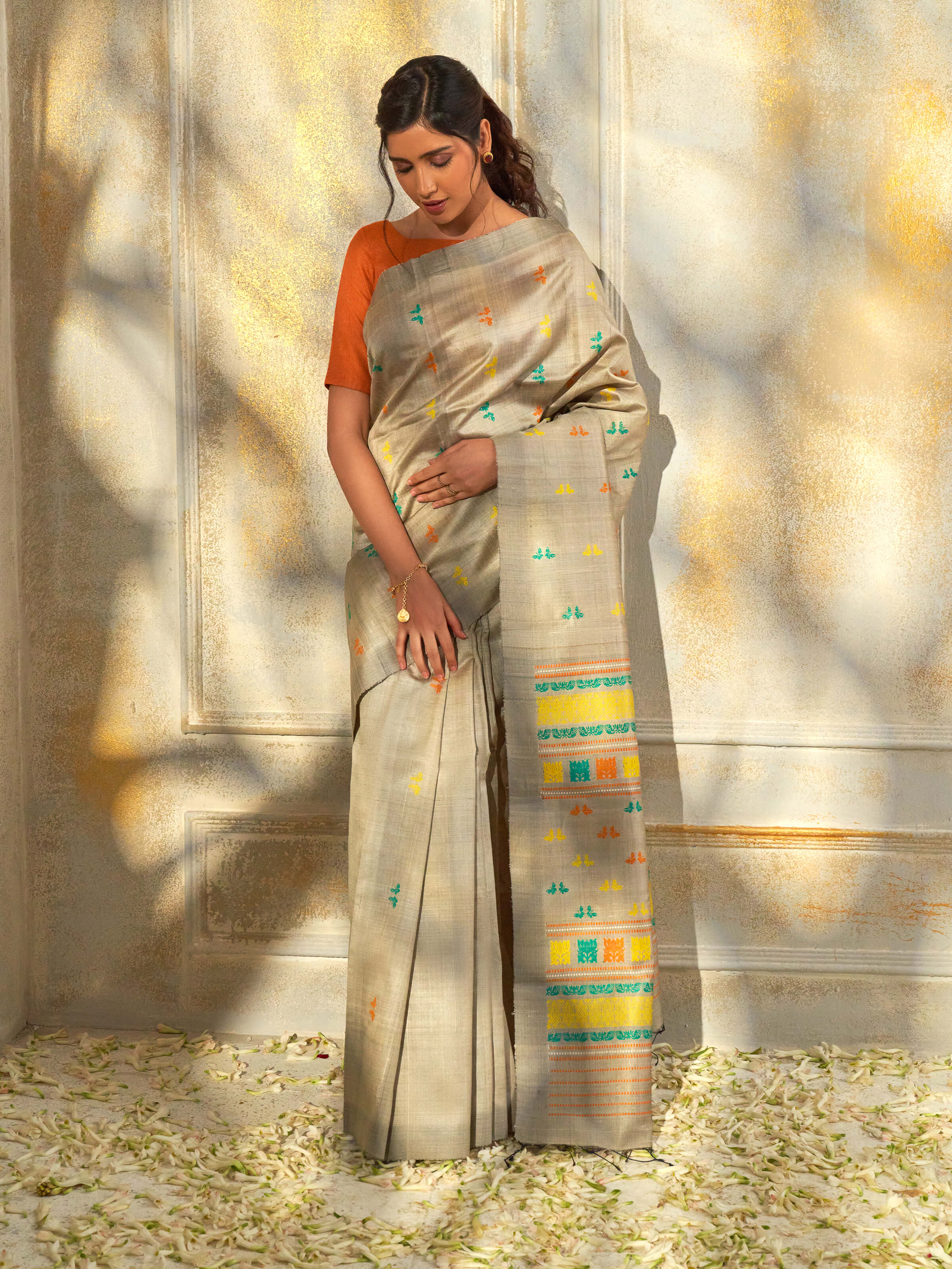 Light Grey Tussar Silk Odisha Ikat Saree