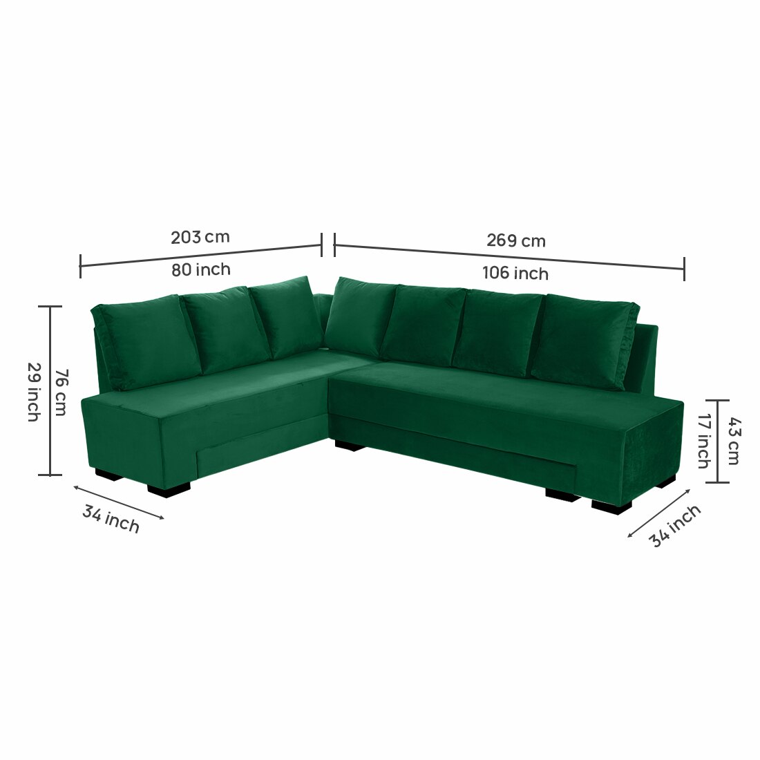 Melo 3 Seater Left Sectional Velvet Sofa Cum Bed in Green colour