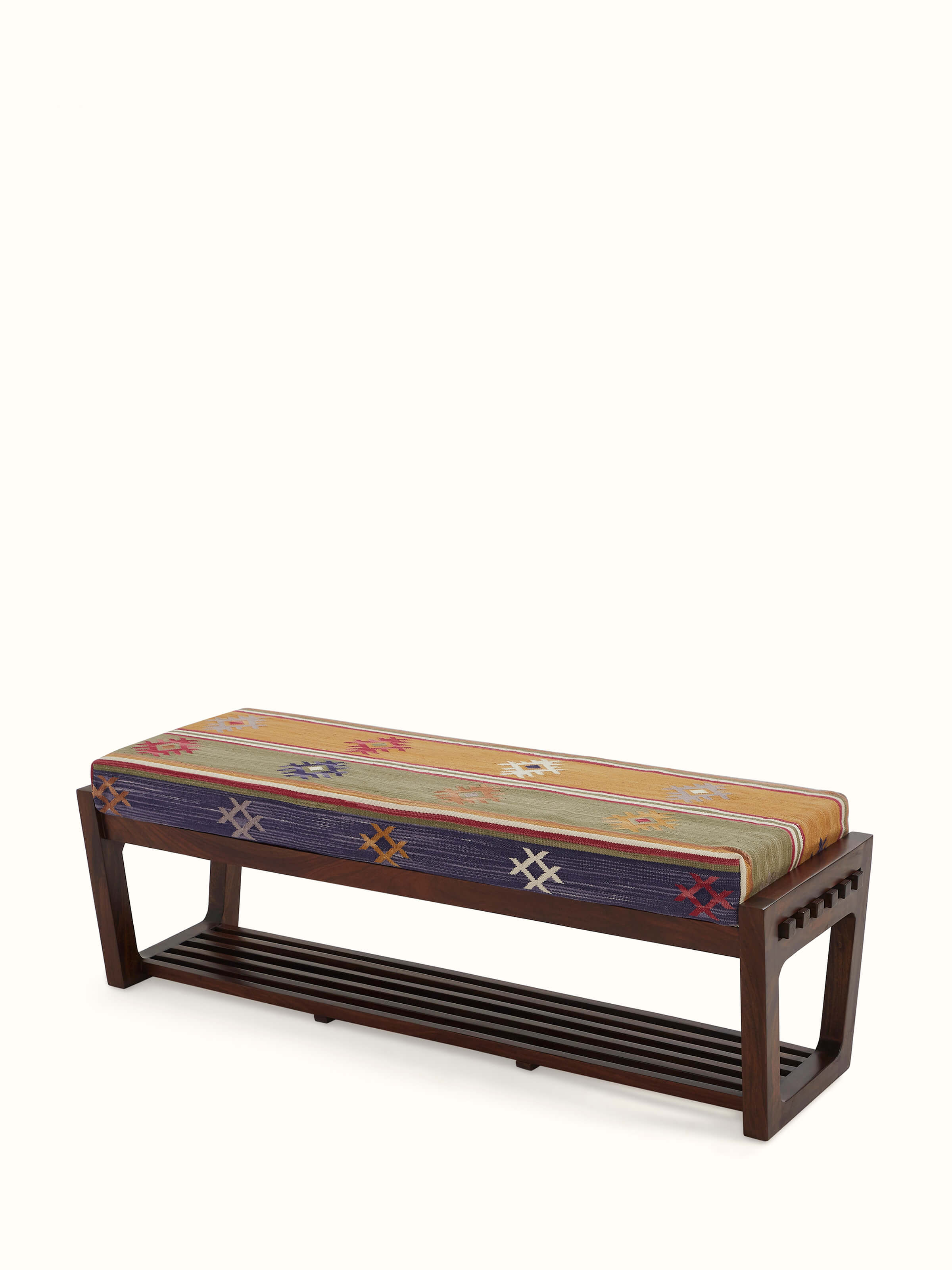 Handloom Dhurrie Upholstered Sheesham Wood Bench
