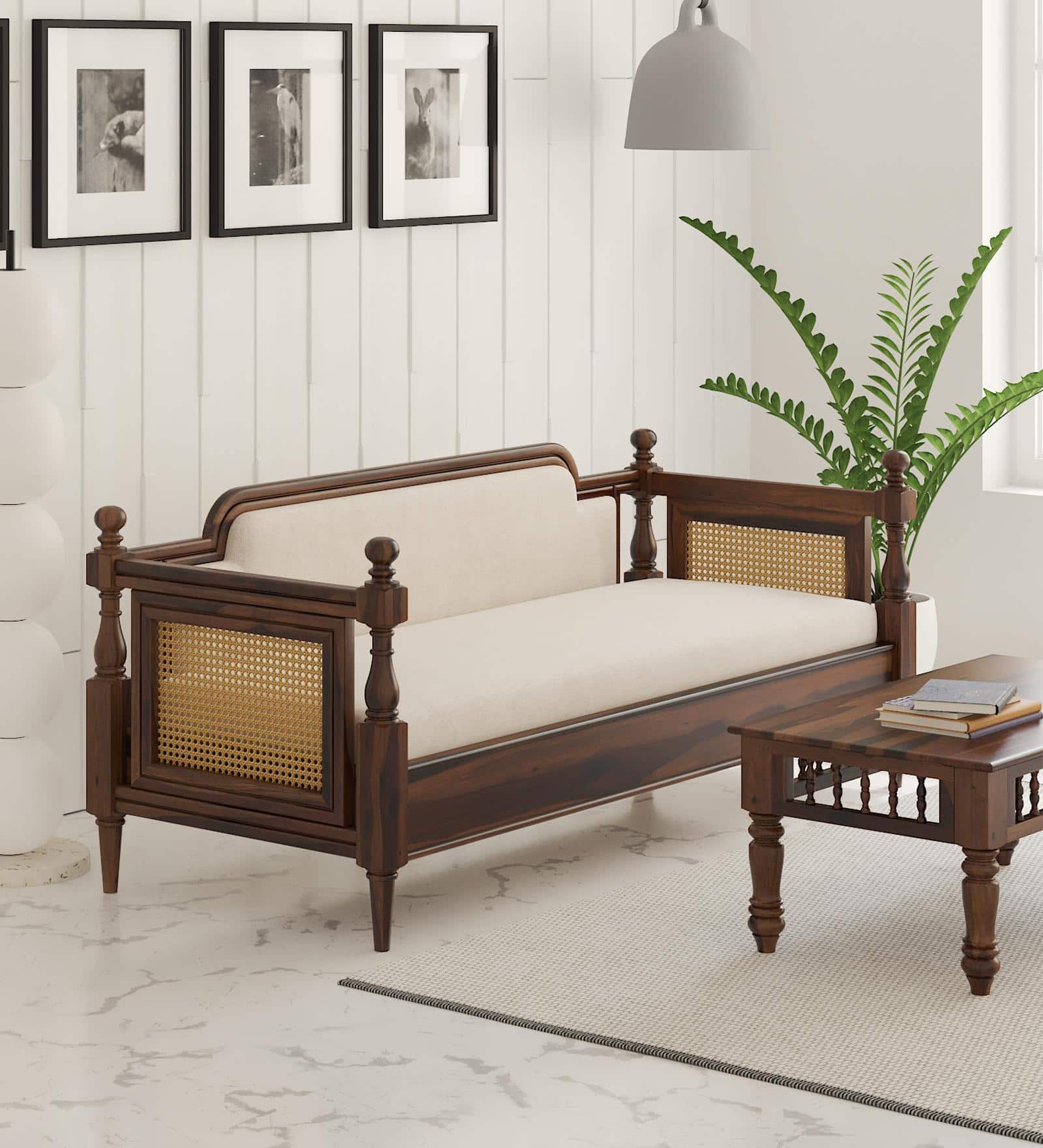 Rattan Solid Wood 3 Seater Sofa in Provincial Teak Finish