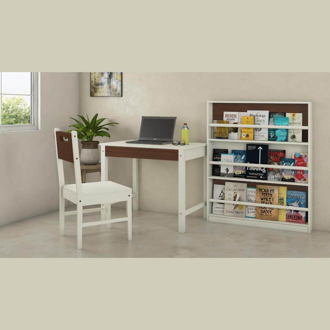 Mystica Study Set with Desk Teak Wood Chair and Bookshelf with Wooden Retainers in Coffee Walnut Colour