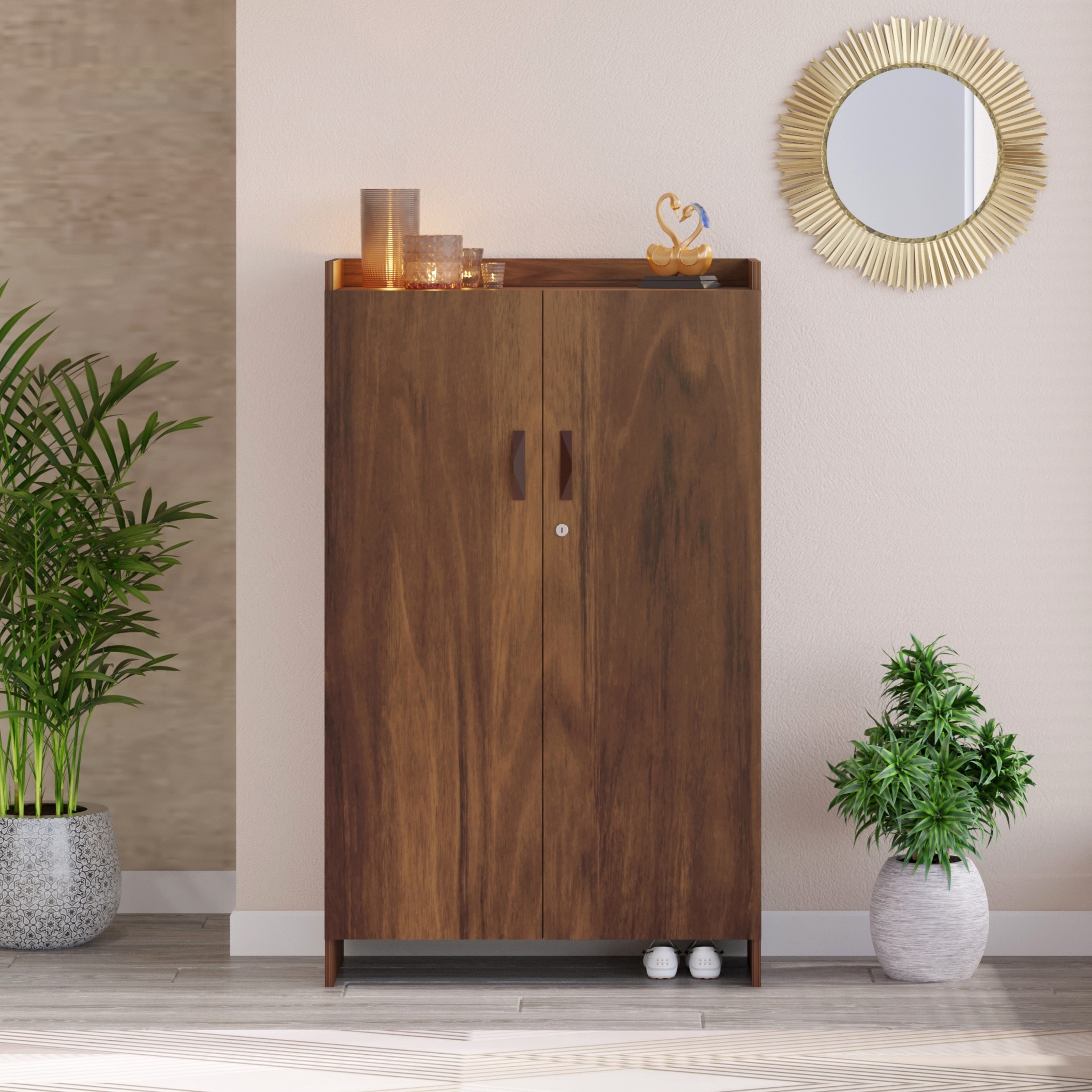 BLUEWUD Brooklyn Tall Engineered Wood 2 Doors with Lock Shoe Rack Cabinet Slipper Footwear Stand Organizer can Store Up to 24 Pairs for Home, DIY (Do it Yourself) (Brown Maple) (Size Upto UK 9)