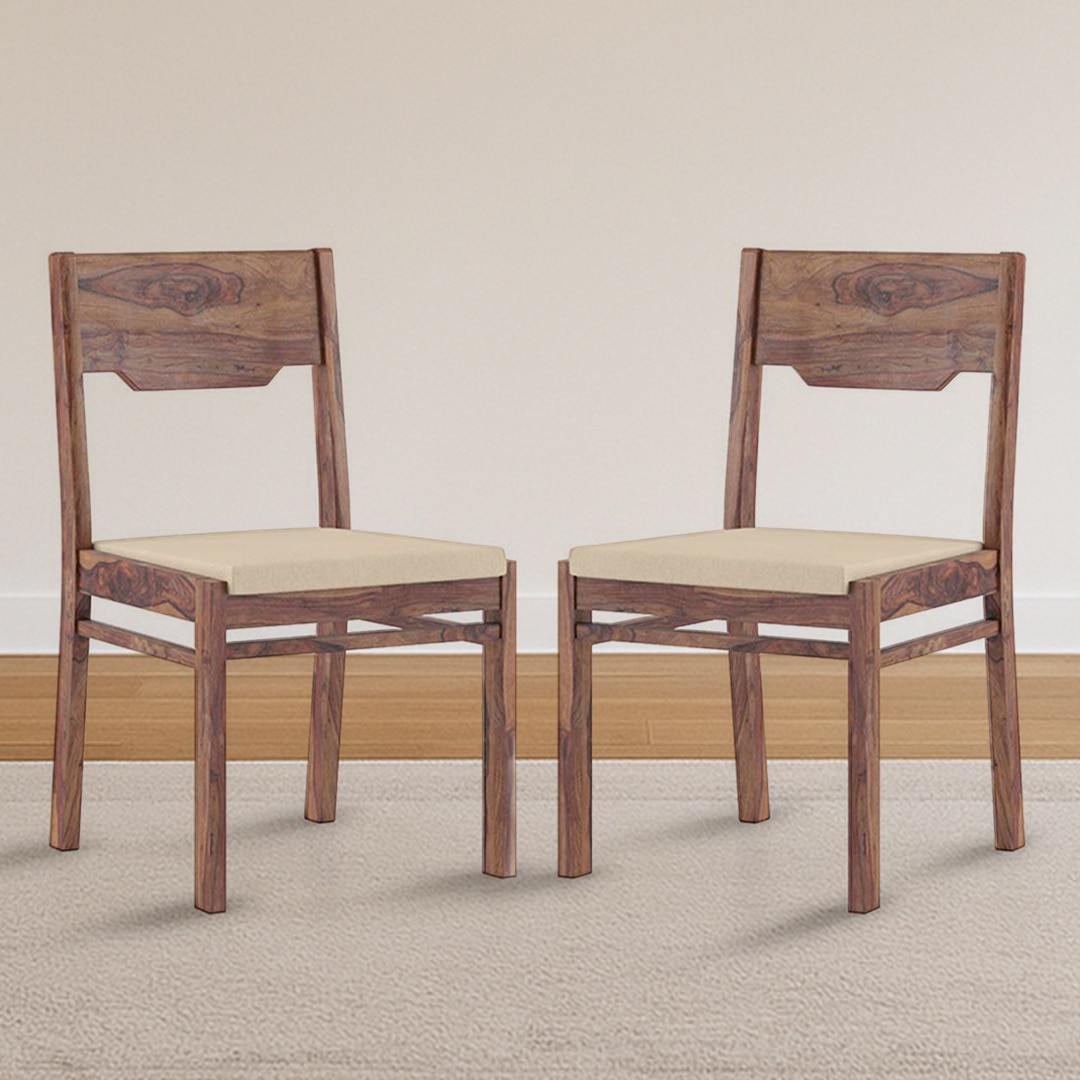 Kerry Solid Wood Dining Chair Set Of 2 In Teak Finish With Wheat Brown Fabric Colour
