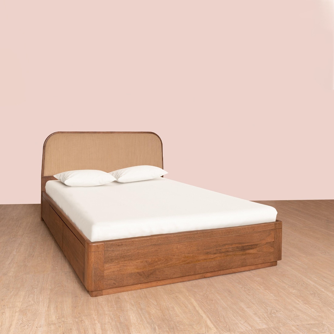 Buda Drawer Storage Queen Size Bed in Light Walnut Finish