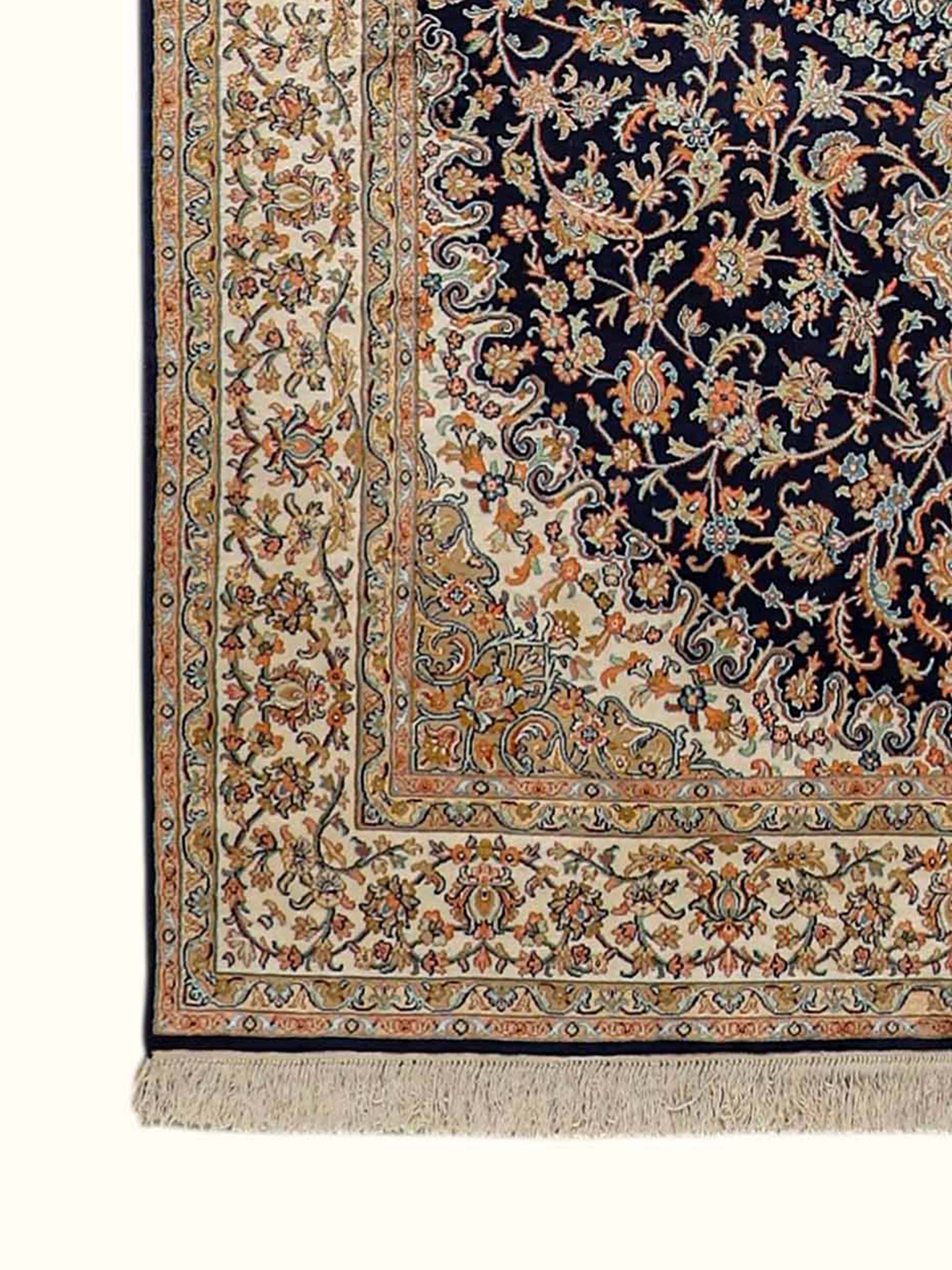 Traditional Persian Navy Ivory Isfahan Kashmir Silk Hand-Knotted Carpet