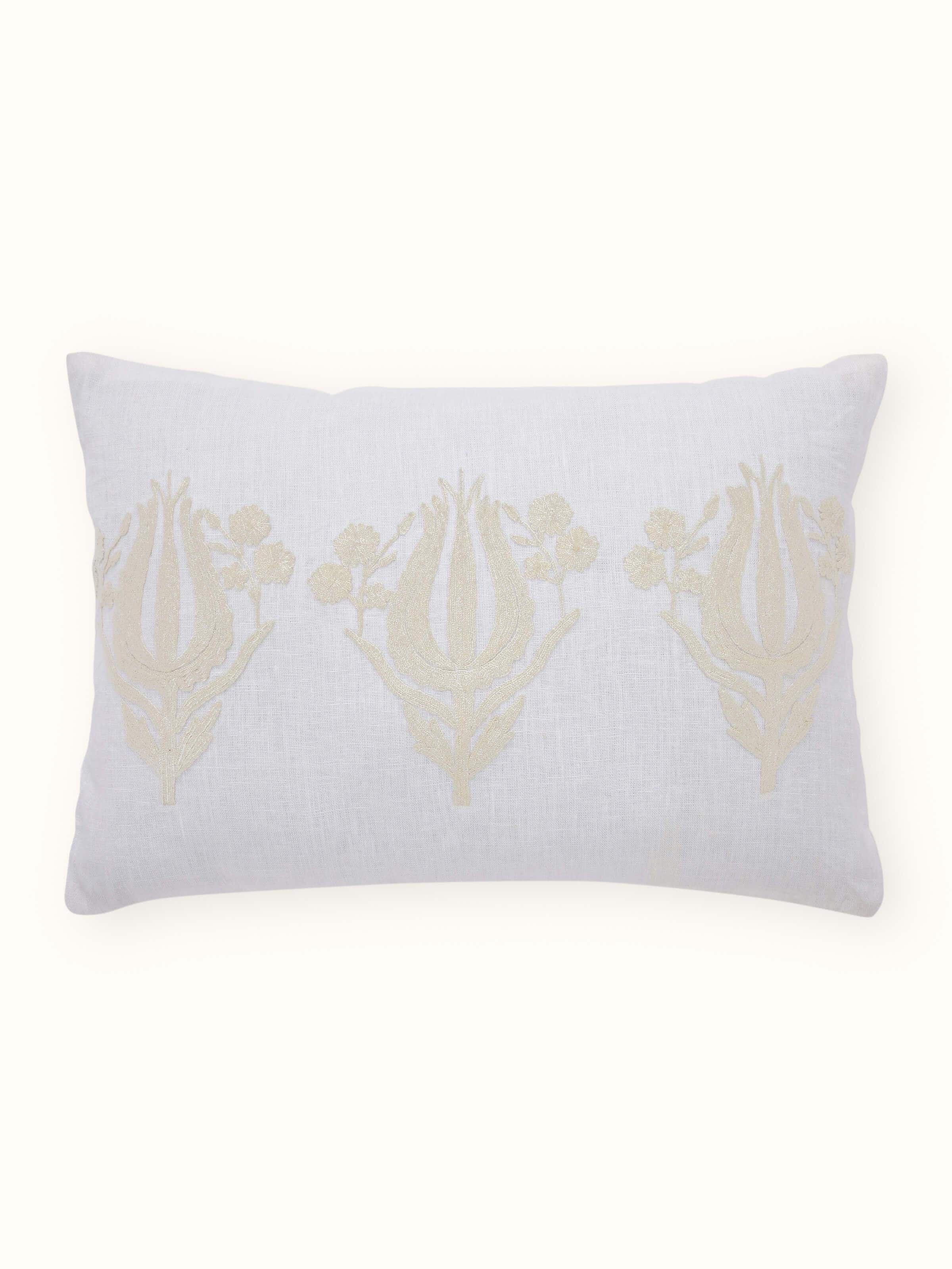 Razza Ivory Tulip Buta Linen Kashmir Chain Stitch Hand Embroidery Cushion Cover